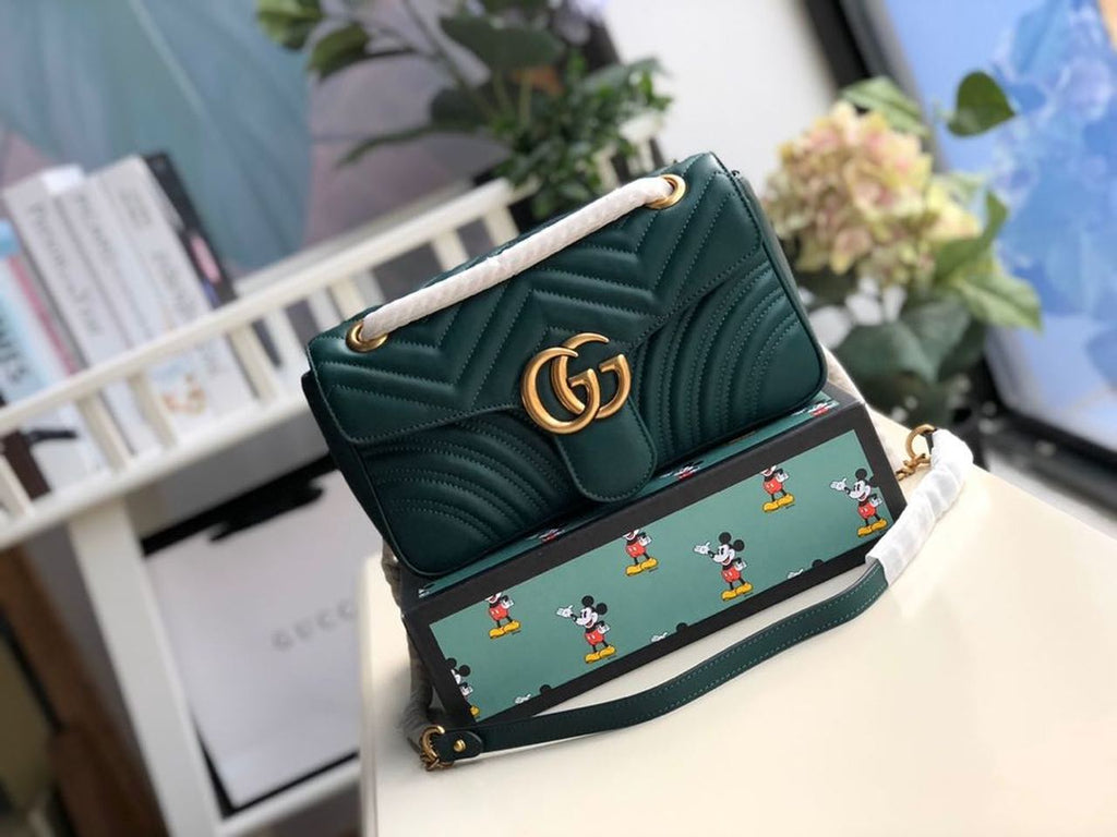 Gucci Marmont Small Matelassé Shoulder Bag Green Matelassé Chevron For Women 10in/26cm 443497
