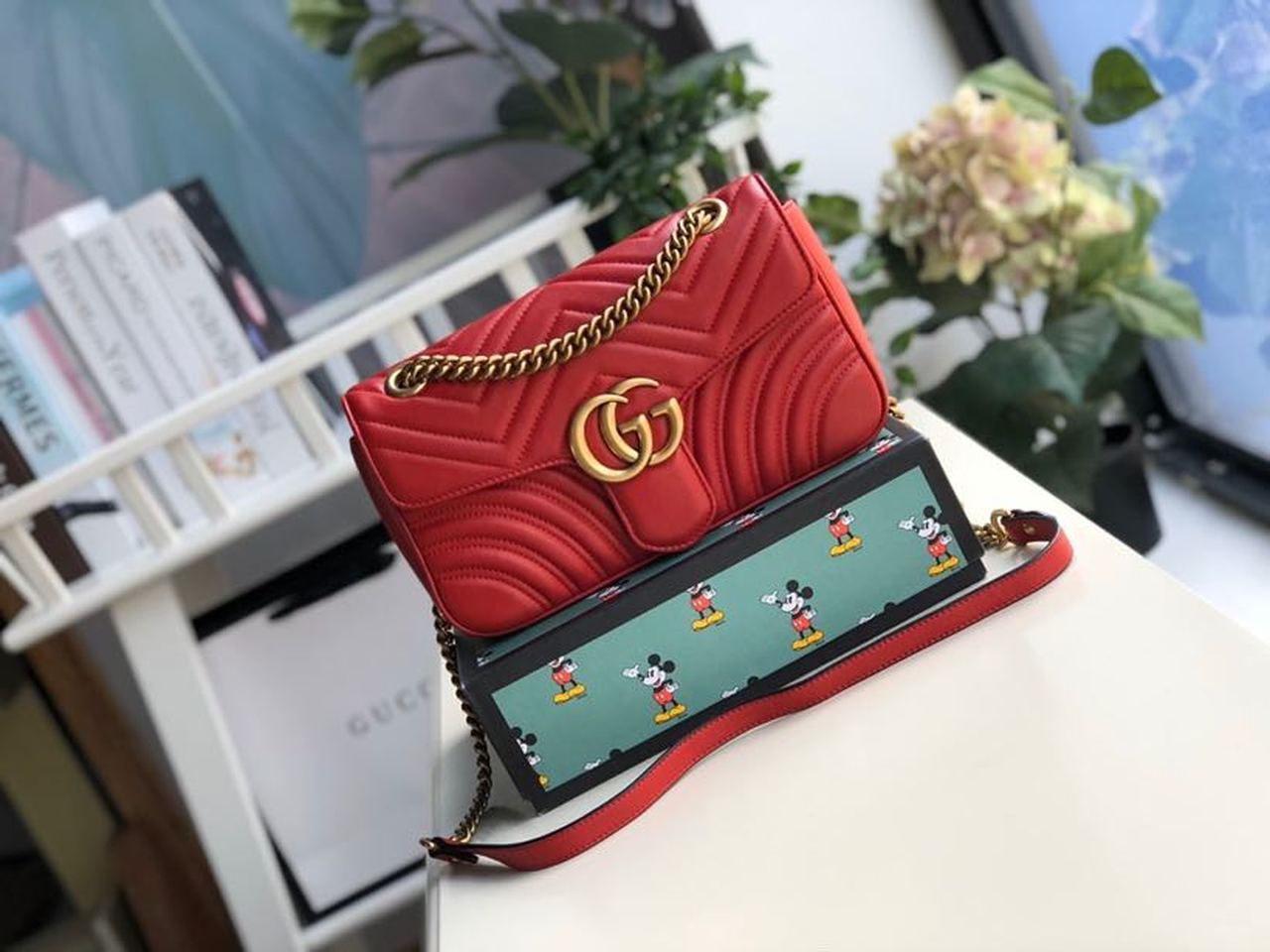 Gucci Marmont Small Matelassé Shoulder Bag Hibiscus Red Matelassé Chevron For Women 10in/26cm  Gucci 443497 DTDiorT 6433