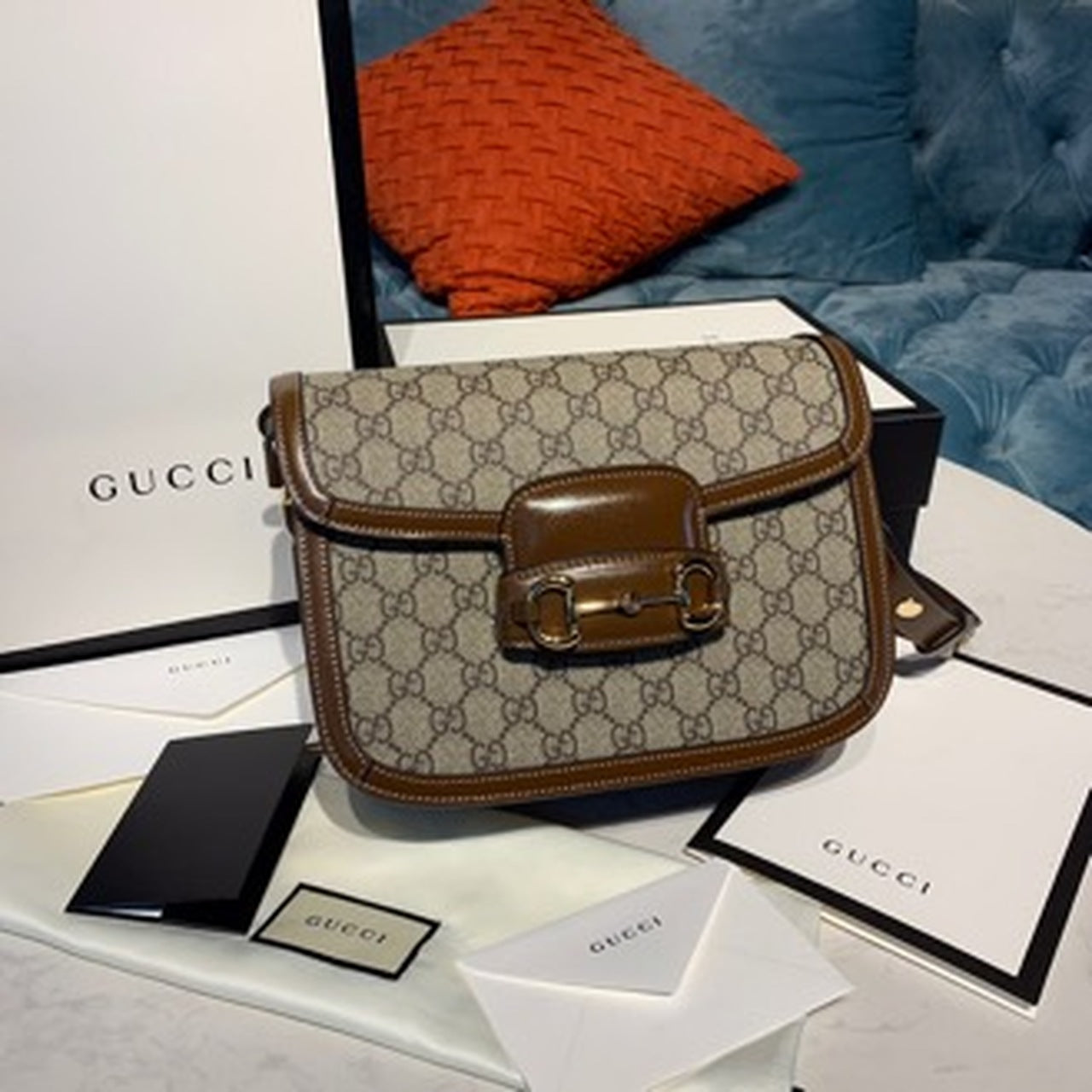 Gucci Horsebit 1955 Shoulder Bag Beige/Ebony Gucci Supreme Canvas With Brown For Women 9.8in/25cm Gucci ‎602204 92TCG 8563