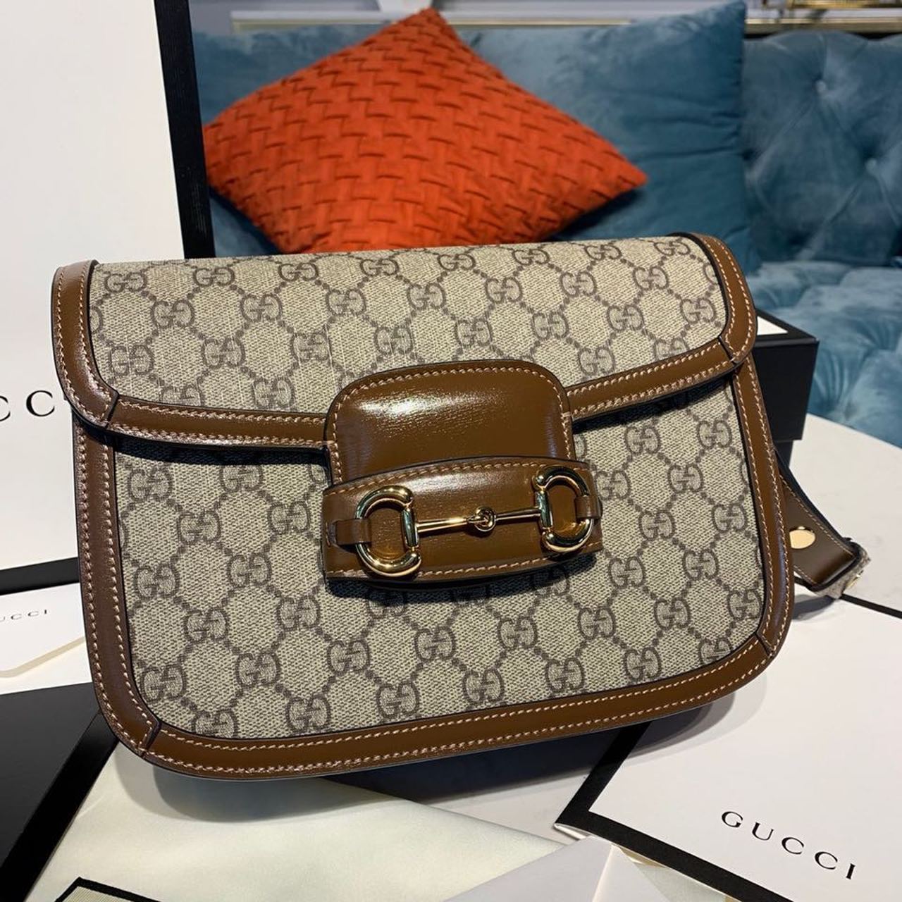 Gucci Horsebit 1955 Shoulder Bag Beige/Ebony Gucci Supreme Canvas With Brown For Women 9.8in/25cm Gucci ‎602204 92TCG 8563