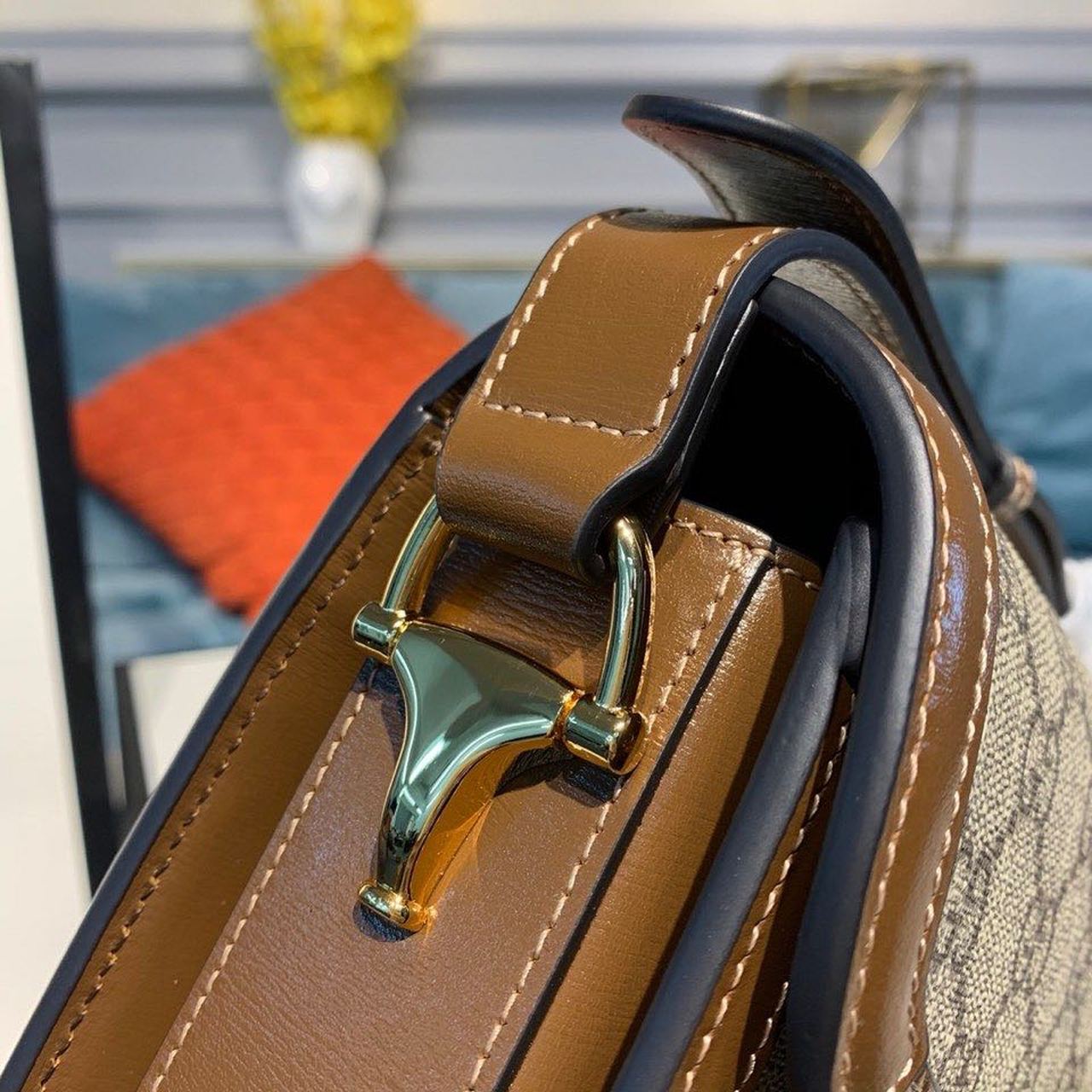 Horsebit 1955 Shoulder Bag Beige/Ebony Supreme Canvas With Brown For Women 9.8in/25cm Ã¢â‚¬Å½602204 92TCG 8563