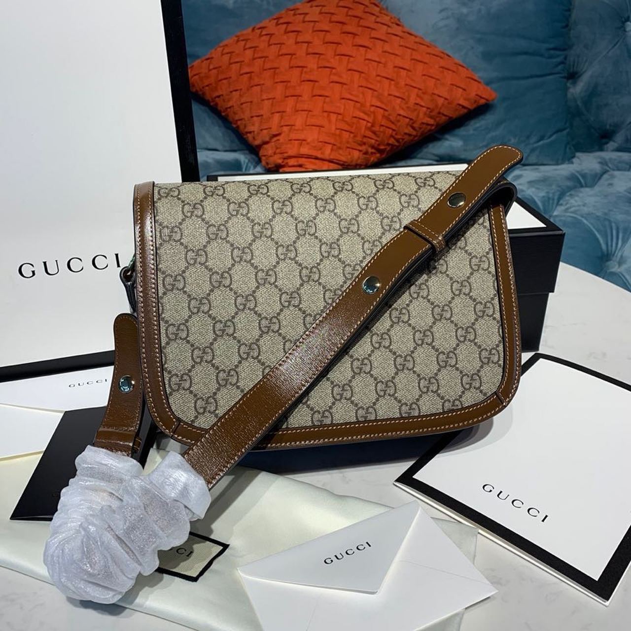 Horsebit 1955 Shoulder Bag Beige/Ebony Supreme Canvas With Brown For Women 9.8in/25cm Ã¢â‚¬Å½602204 92TCG 8563