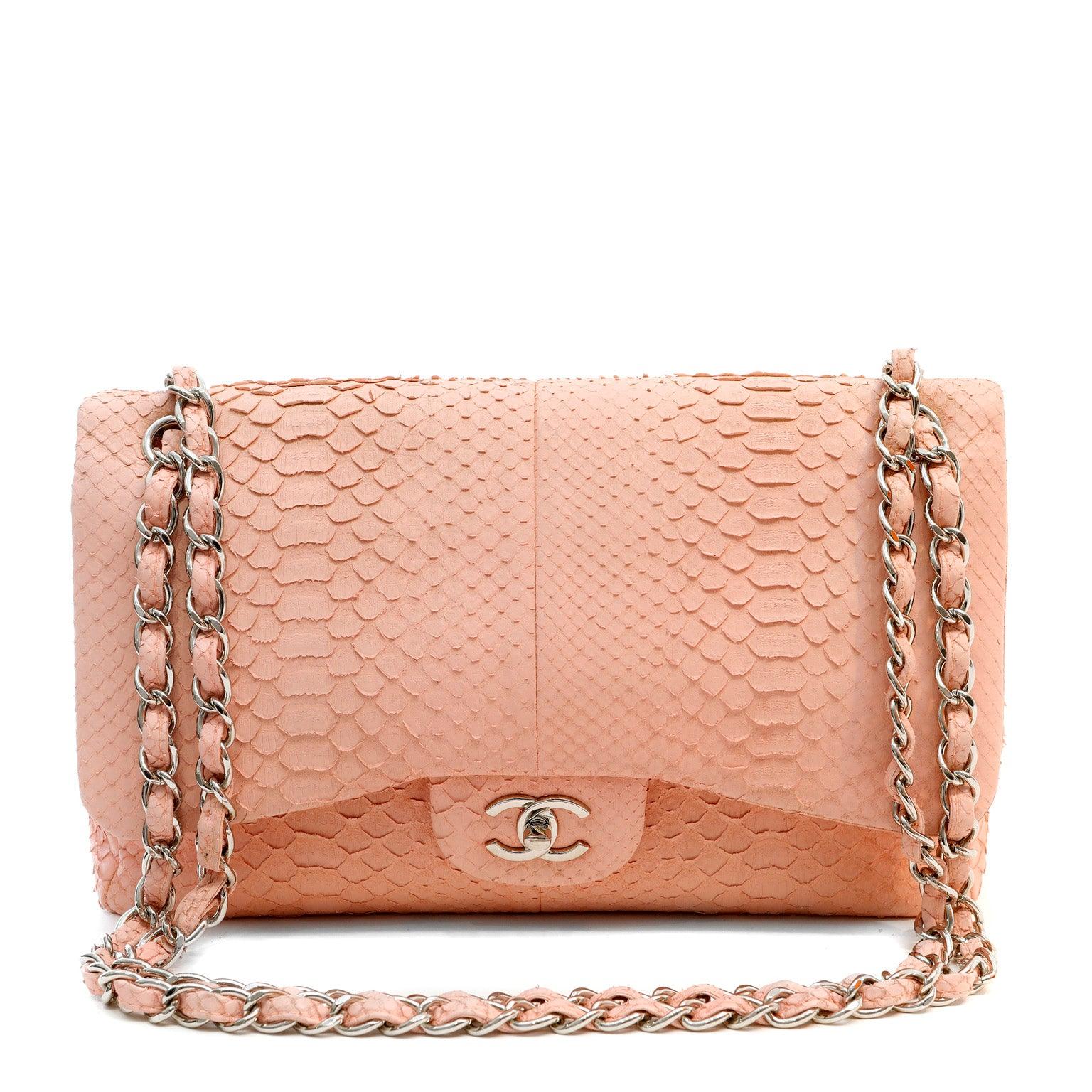 Chanel BuBurberrylegum Pink Python Jumbo Classic w/ SiLouis Vuittoner Hardware