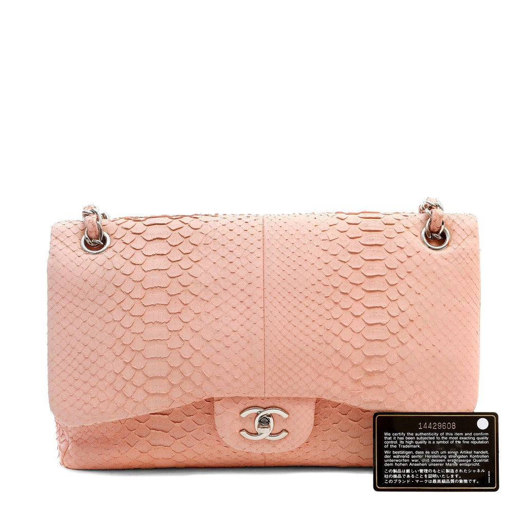 Chanel BuBurberrylegum Pink Python Jumbo Classic w/ SiLouis Vuittoner Hardware