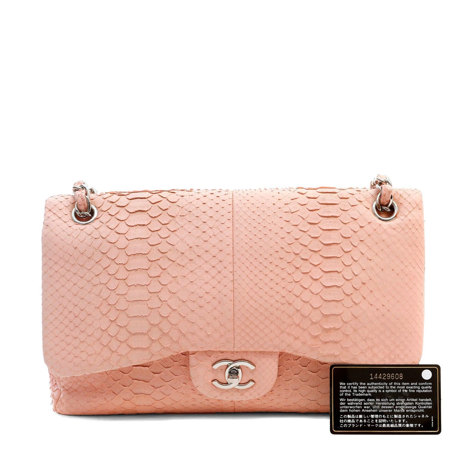 Chanel BuBurberrylegum Pink Python Jumbo Classic w/ SiLouis Vuittoner Hardware