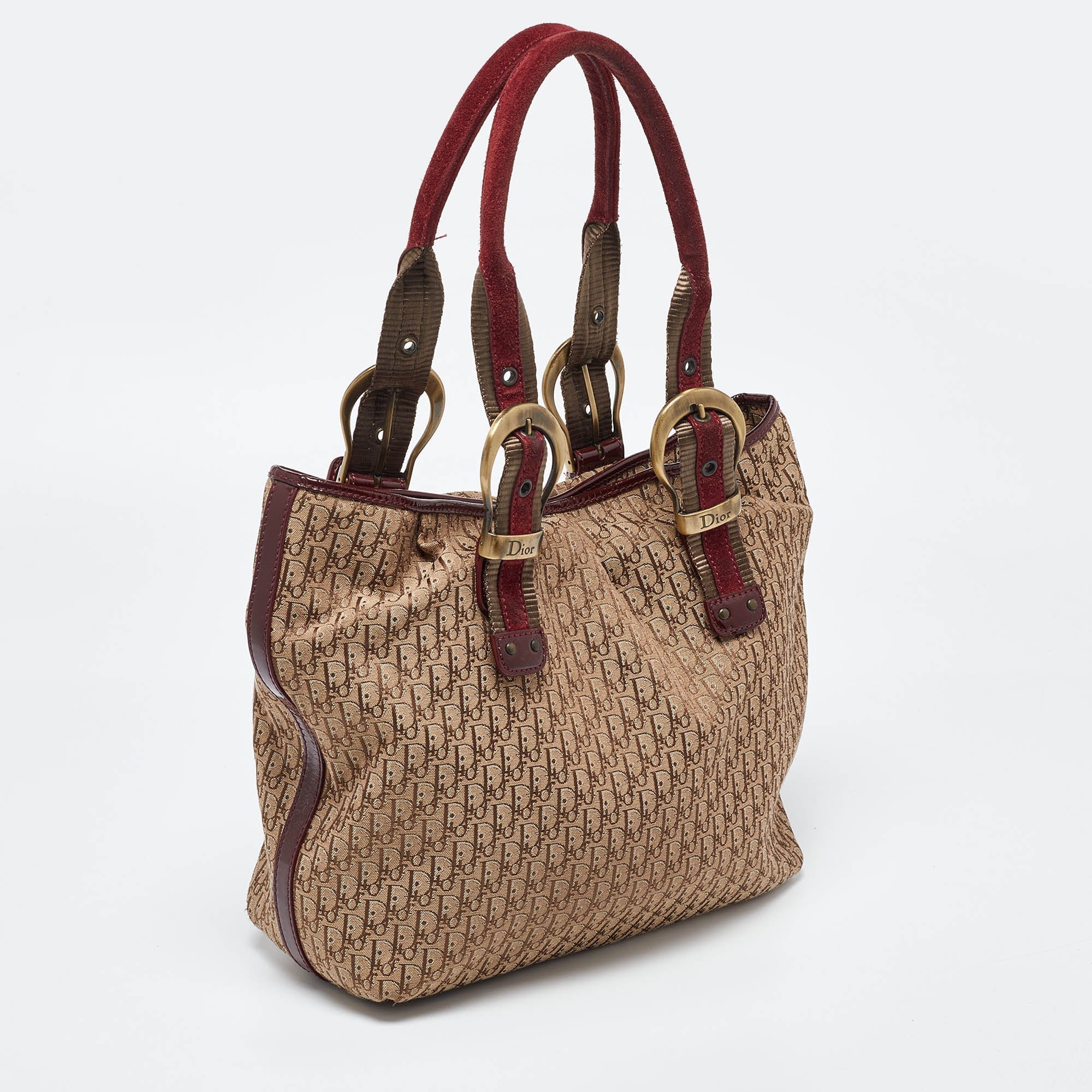 Dior Beige/maroon Oblique Canvas Suede And  Leather Tote