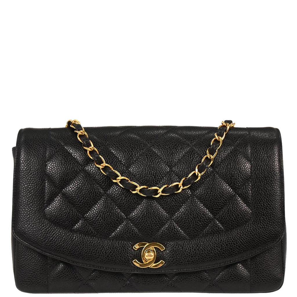Chanel 1994-1996 Black Caviar Skin Medium Diana Shoulder Bag