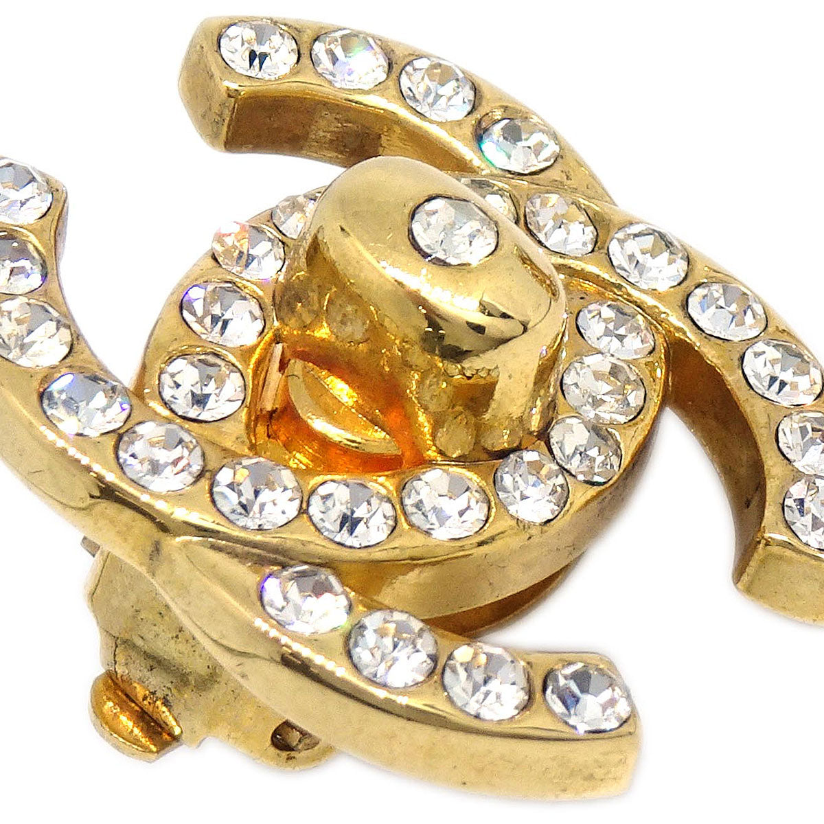 Chanel CC Turnlock Clip-On Earrings Gold Rhinestone Large 96A