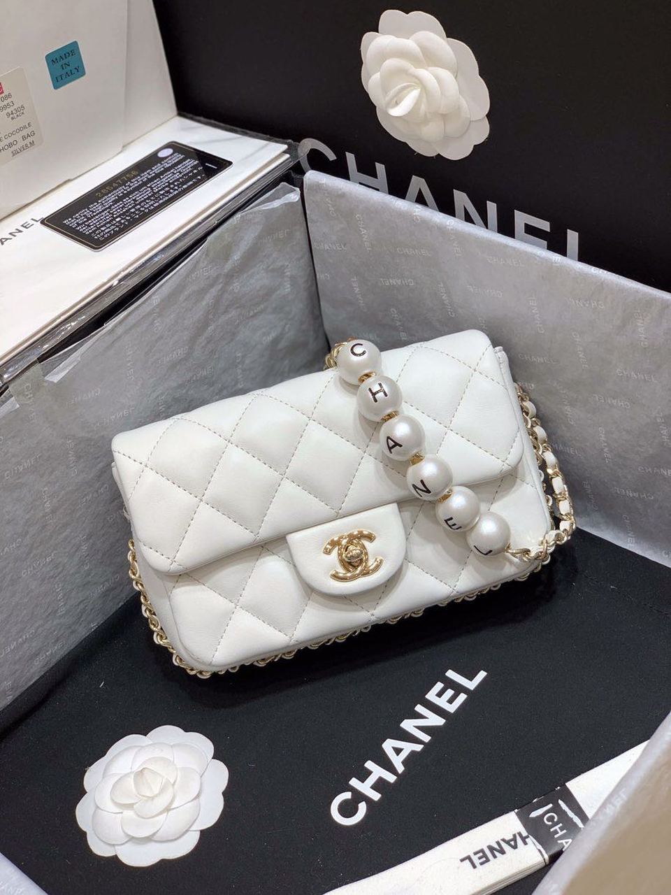 Chanel Small Pearl Logo Strap Flap Bag White For Women, Women’s Handbags, Shoulder And Crossbody Bags 7in/18cm AS1436