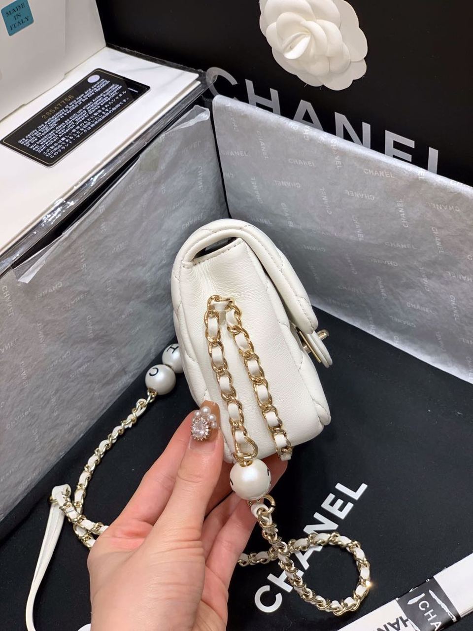Chanel Small Pearl Logo Strap Flap Bag White For Women, Women’s Handbags, Shoulder And Crossbody Bags 7in/18cm AS1436