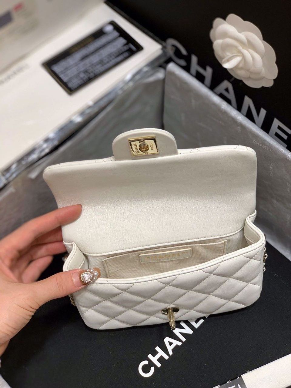 Chanel Small Pearl Logo Strap Flap Bag White For Women, Women’s Handbags, Shoulder And Crossbody Bags 7in/18cm AS1436
