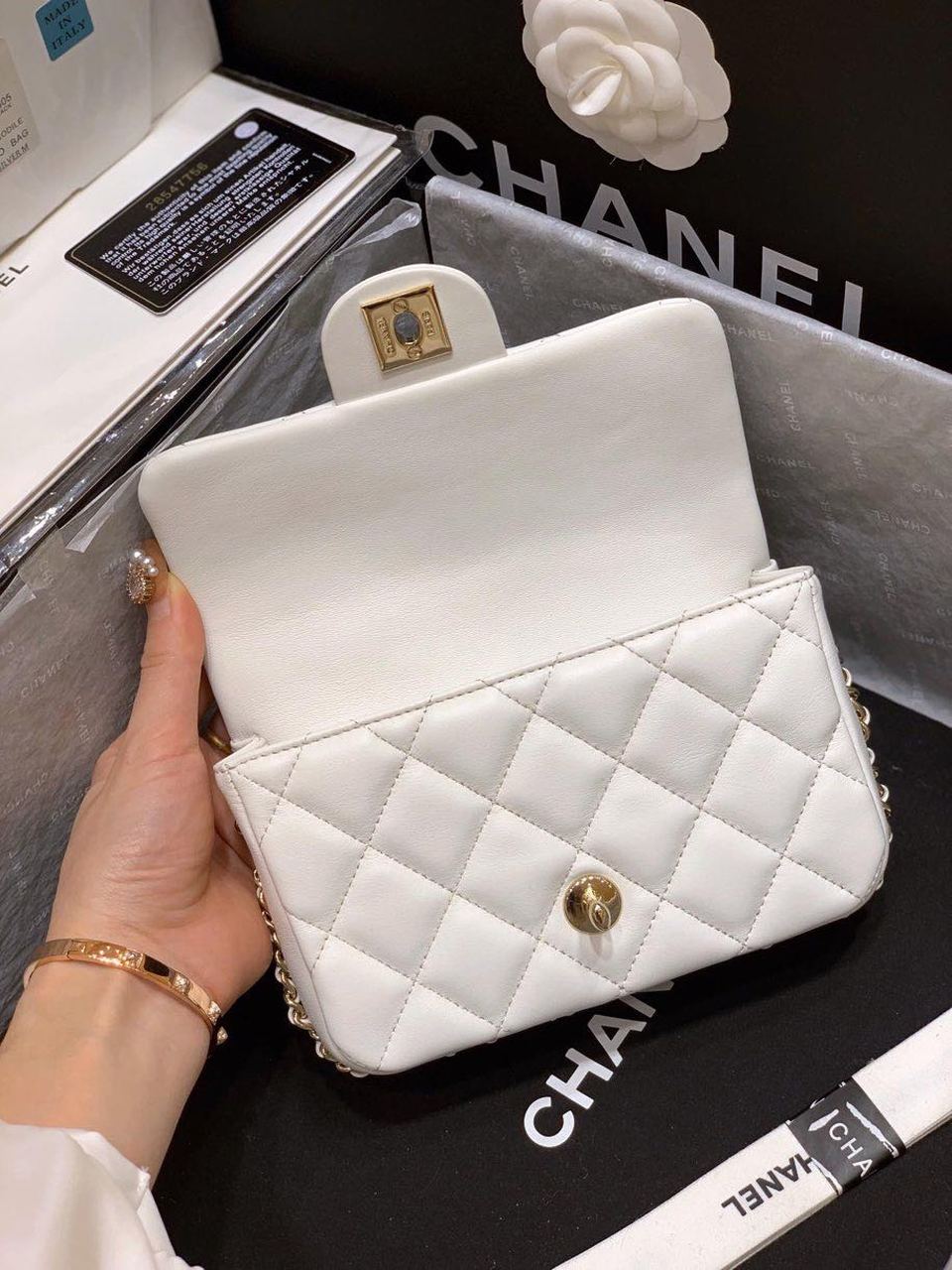 Chanel Small Pearl Logo Strap Flap Bag White For Women, Women’s Handbags, Shoulder And Crossbody Bags 7in/18cm AS1436