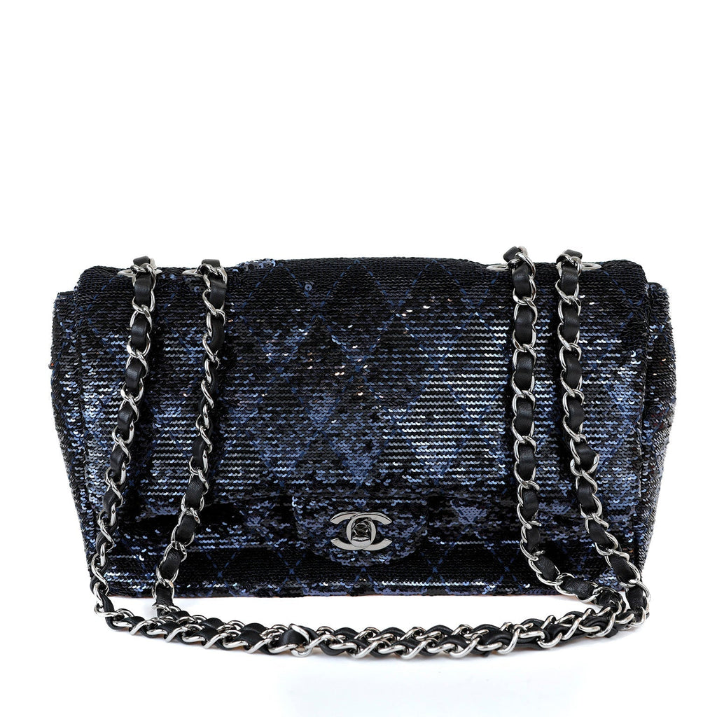 Chanel Black/Navy Sequin Classic Flap Bag w/ SiLouis Vuittoner Hardware