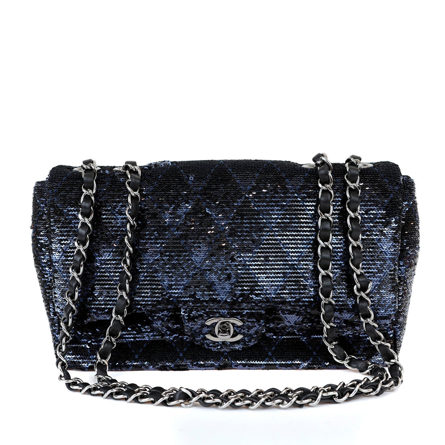 Chanel Black/Navy Sequin Classic Flap Bag w/ SiLouis Vuittoner Hardware