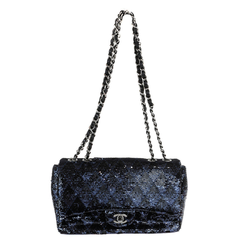 Chanel Black/Navy Sequin Classic Flap Bag w/ SiLouis Vuittoner Hardware