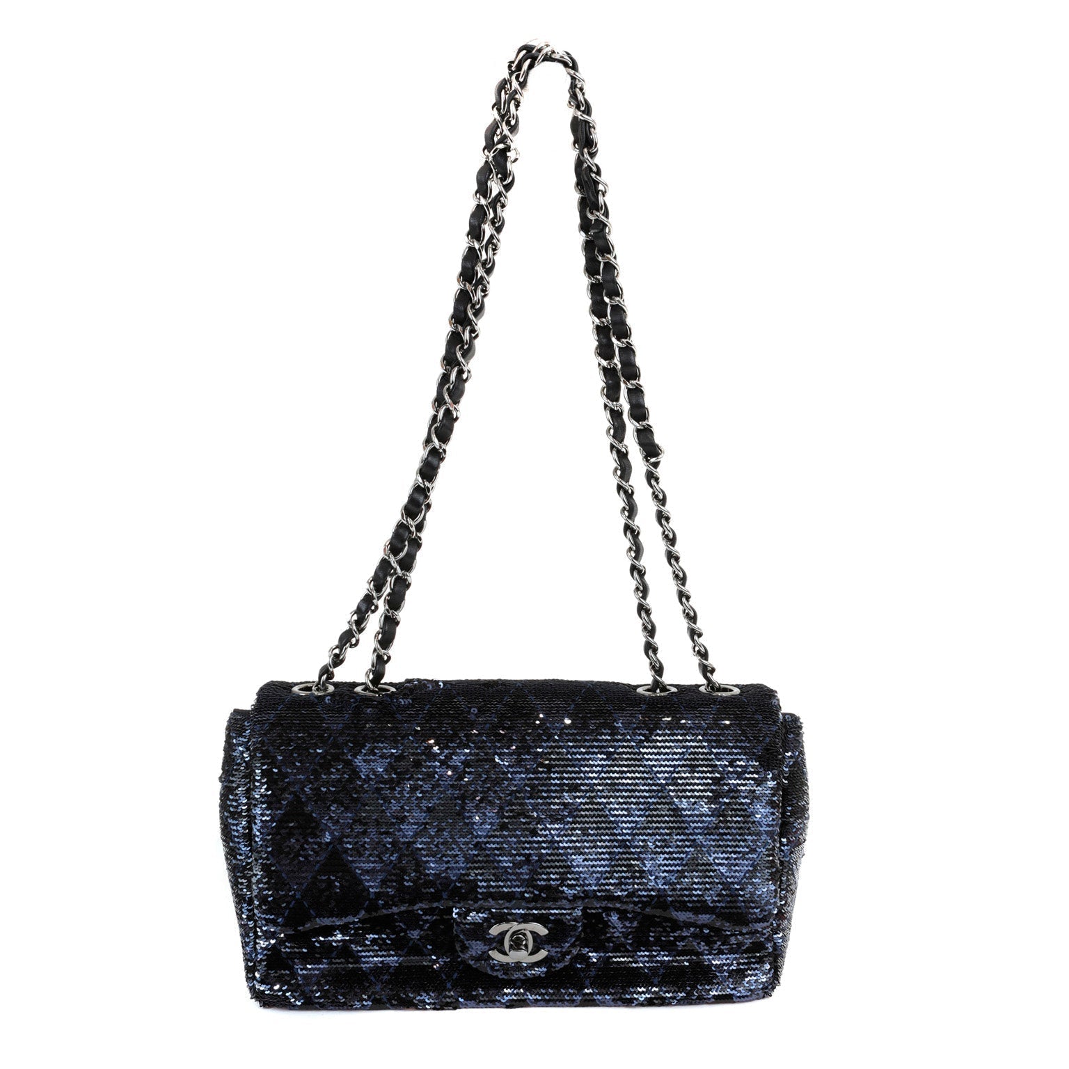 Chanel Black/Navy Sequin Classic Flap Bag w/ SiLouis Vuittoner Hardware