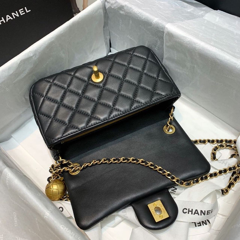 ChanelFlap Bag With ChanelBall On Strap Black For Women, Women’s Handbags, Shoulder And Crossbody Bags 7.8in/20cm AS1787