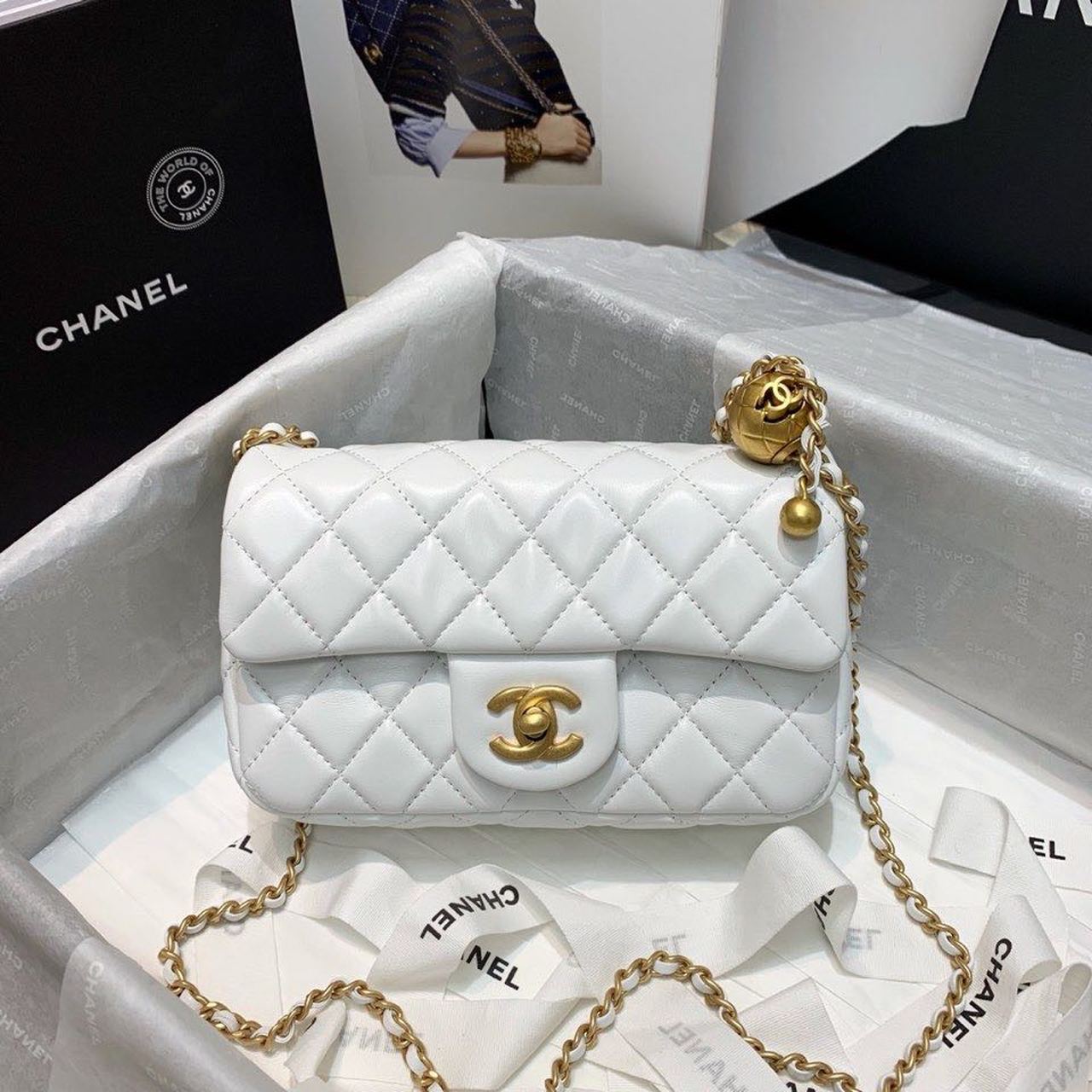 ChanelGlamIap Bag With ChanelBall On Strap White For Women Handbags, Shoulder And Crossbody Bags 7.8in/20cm AS1787