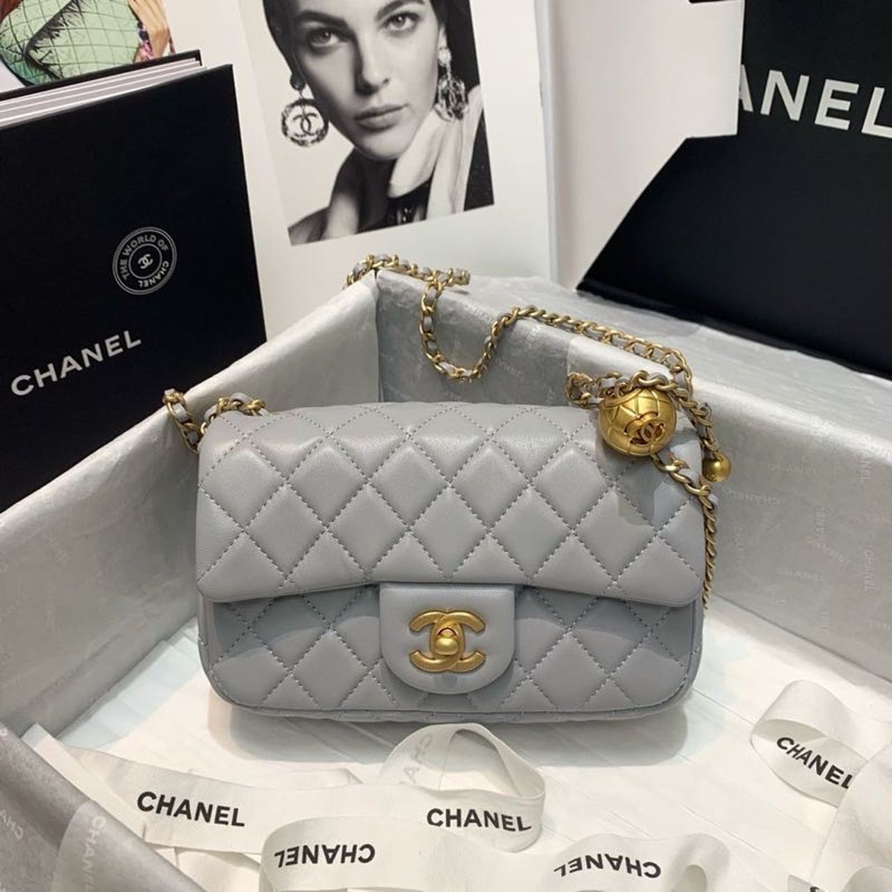 ChanelGlamIap Bag With ChanelBall On Strap Grey For Women Handbags, Shoulder And Crossbody Bags 7.8in/20cm AS1787