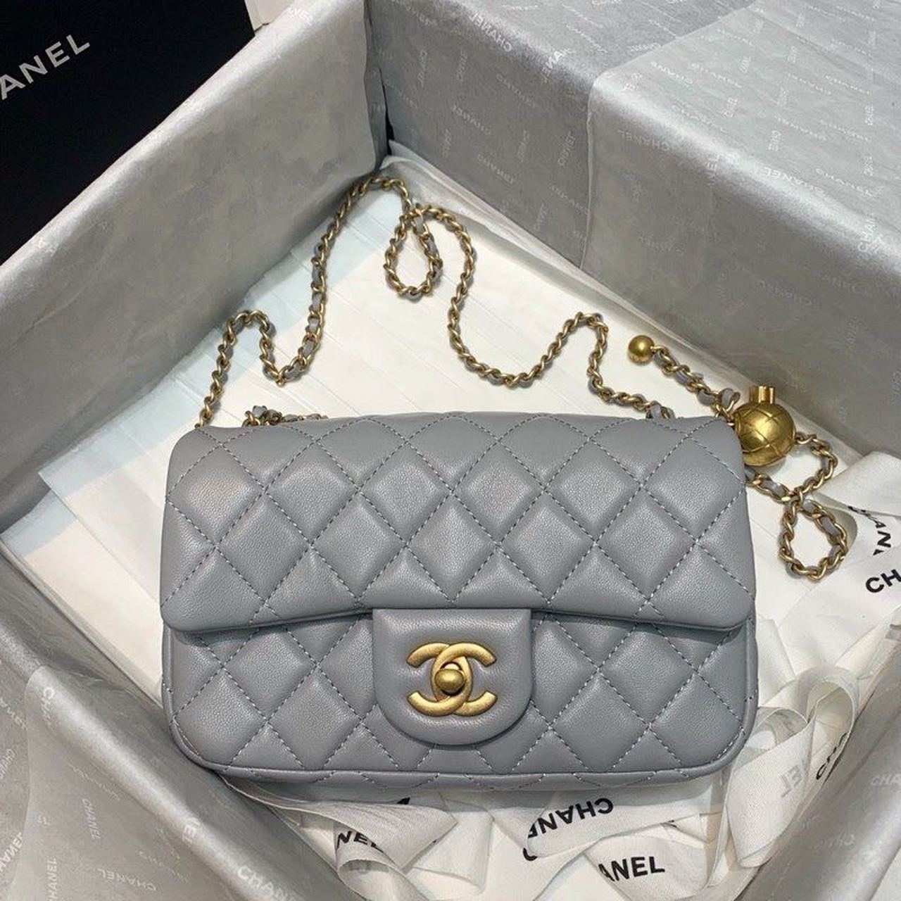 ChanelGlamIap Bag With ChanelBall On Strap Grey For Women Handbags, Shoulder And Crossbody Bags 7.8in/20cm AS1787