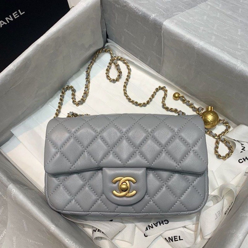 ChanelFlap Bag With ChanelBall On Strap Grey For Women, Women’s Handbags, Shoulder And Crossbody Bags 7.8in/20cm AS1787