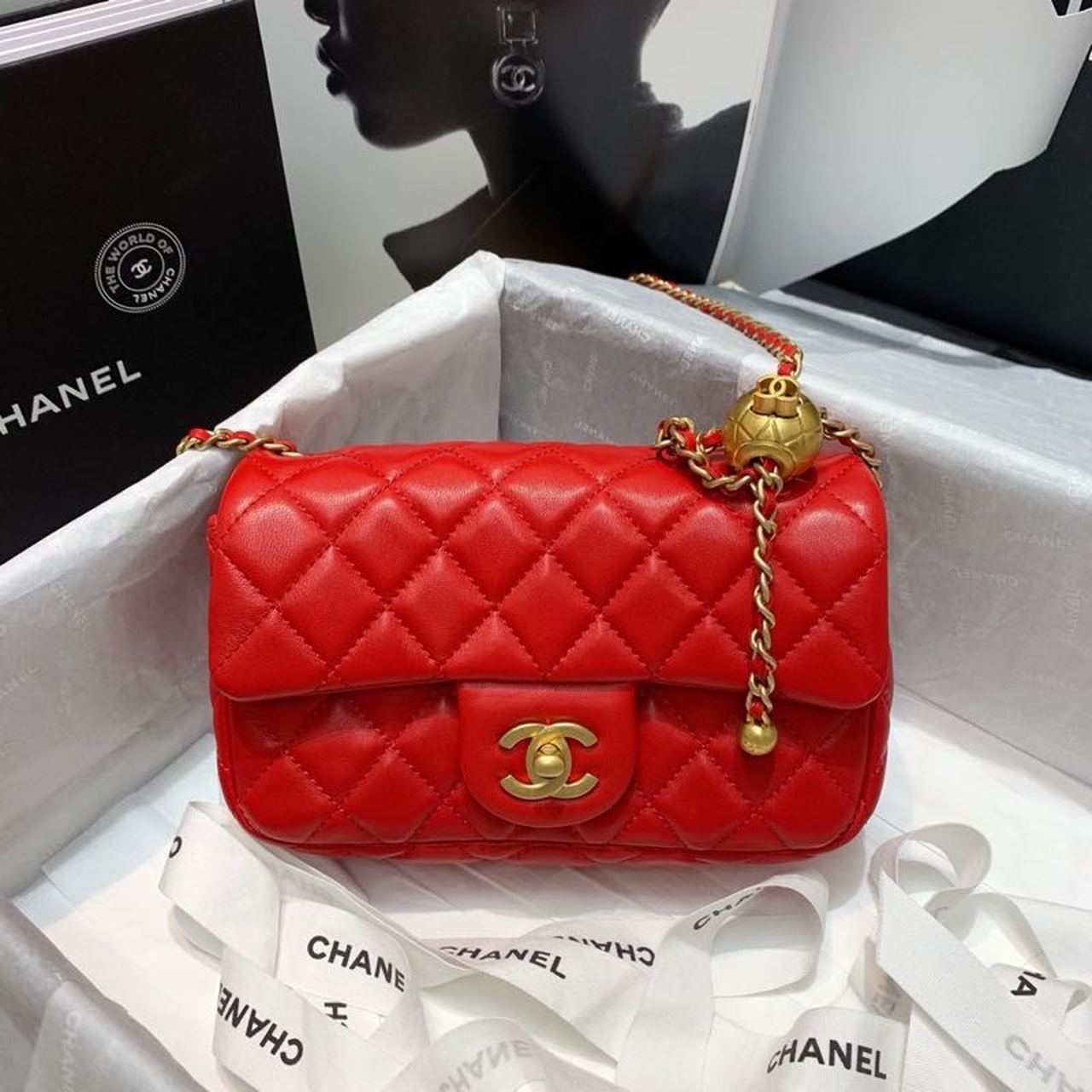 ChanelGlamIap Bag With ChanelBall On Strap Red For Women Handbags, Shoulder And Crossbody Bags 7.8in/20cm AS1787