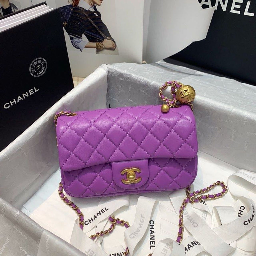 ChanelFlap Bag With ChanelBall On Strap Purple For Women, Women’s Handbags, Shoulder And Crossbody Bags 7.8in/20cm AS1787
