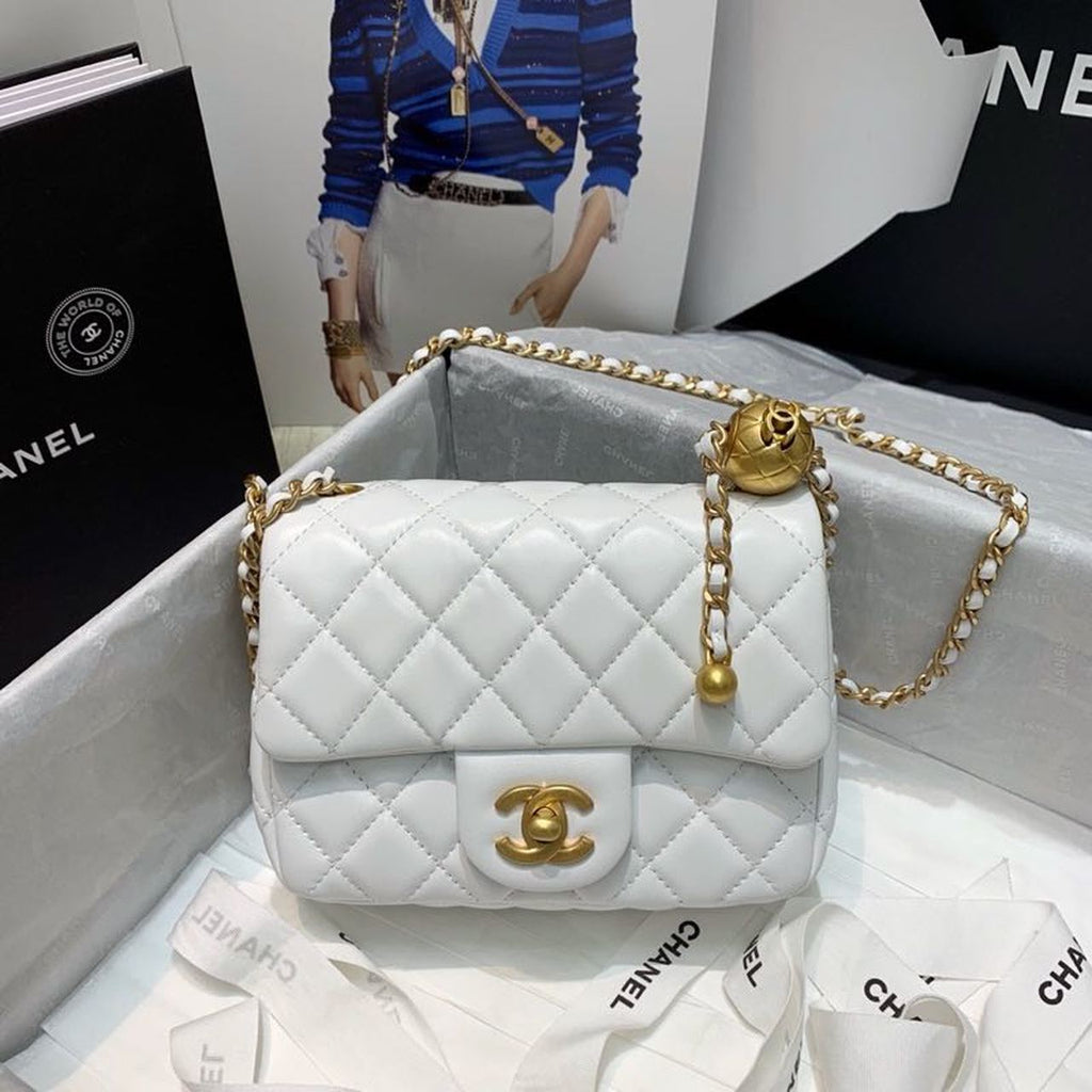 Chanel Mini Flap Bag With ChanelBall On Strap White For Women, Women’s Handbags, Shoulder And Crossbody Bags 6.7in/17cm AS1786
