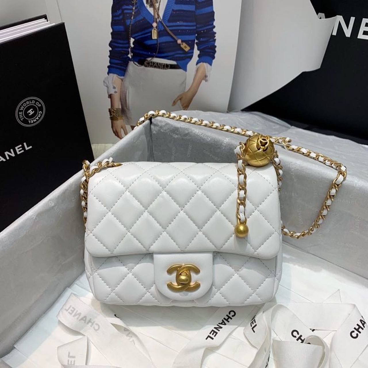 Chanel Mini Flap Bag With ChanelBall On Strap White For Women, Women’s Handbags, Shoulder And Crossbody Bags 6.7in/17cm AS1786