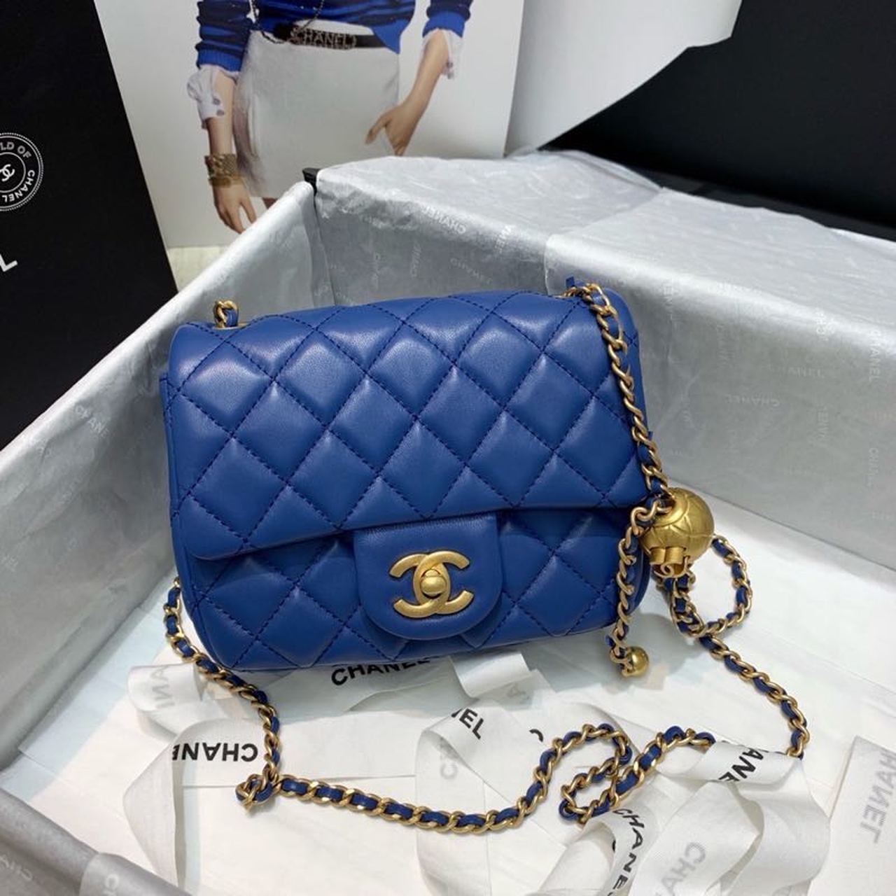 ChanelMini GlamIap Bag With ChanelBall On Strap Blue For Women Handbags, Shoulder And Crossbody Bags 6.7in/17cm AS1786