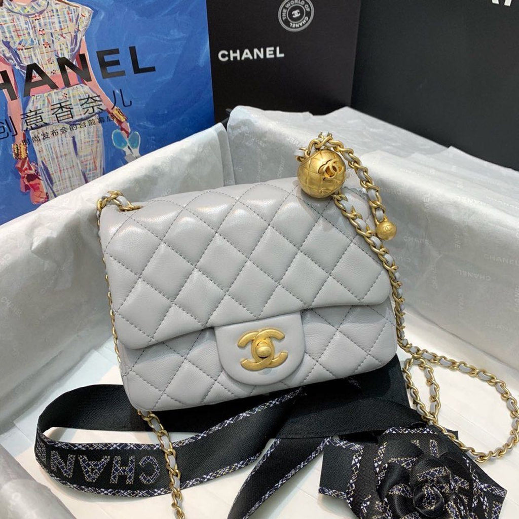 Chanel Classic Flap With Charm Chain With Chanel Details On Strap Bag 17cm/7inch Gold Hardware Grey