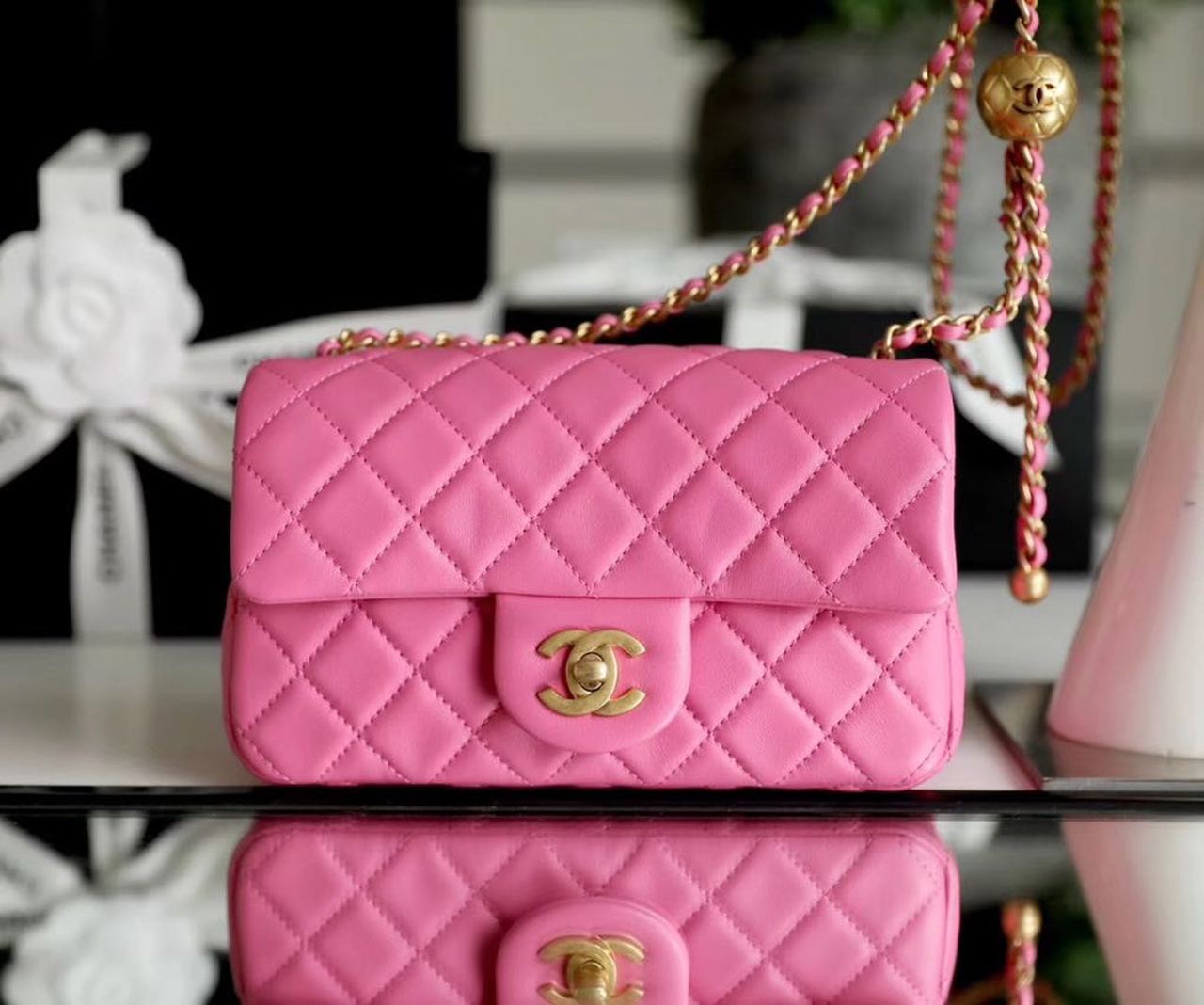 Chanel Classic Flap With Charm Chain With Chanel Ball On Strap Bag 20cm Gold Toned Hardware Lambskin Leather Spring/Summer Collection, Pink