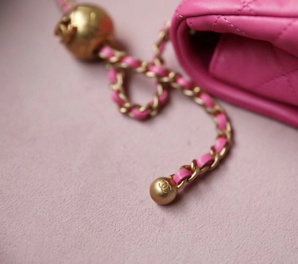 Chanel Classic Flap With Charm Chain With Chanel Ball On Strap Bag 20cm Gold Toned Hardware Lambskin Leather Spring/Summer Collection, Pink