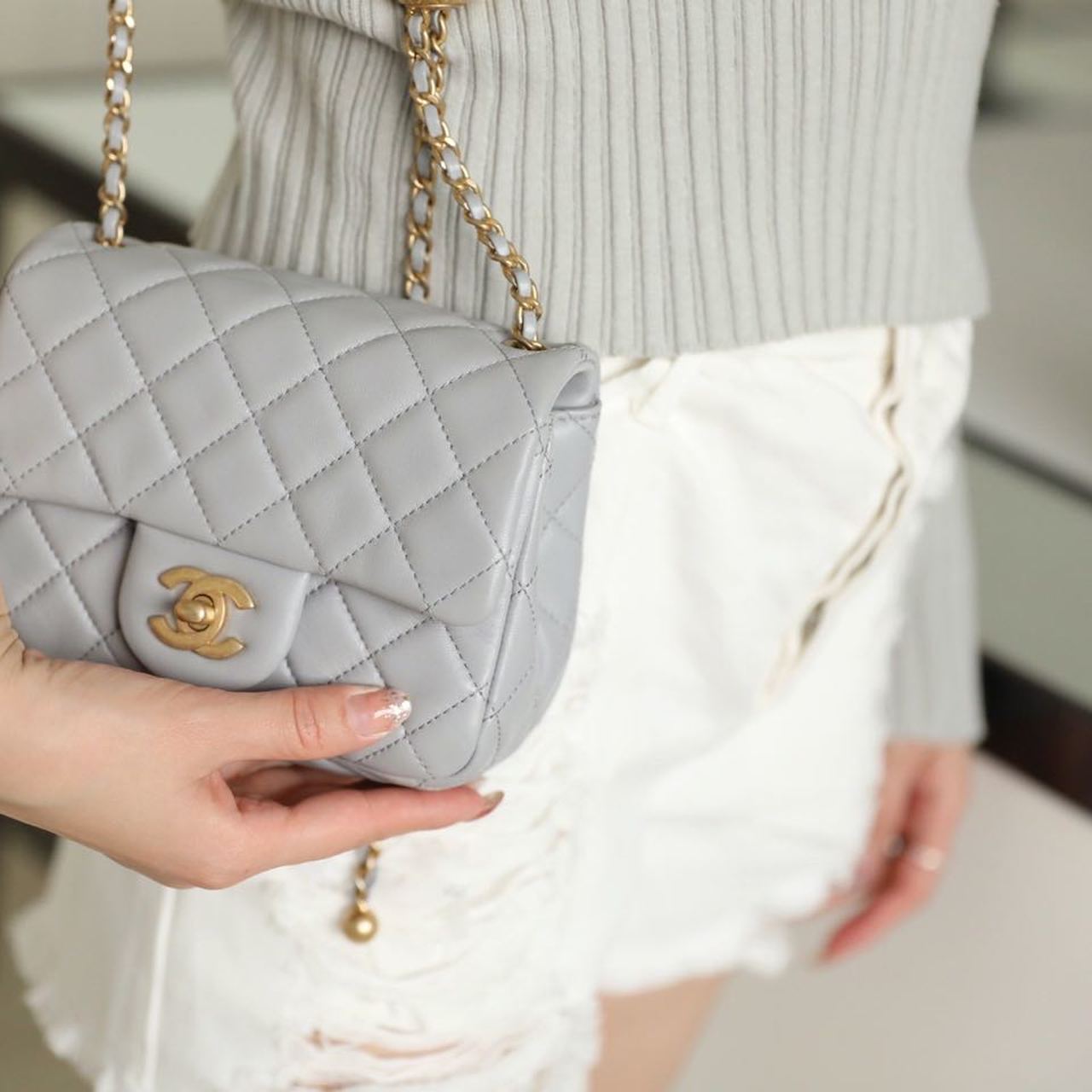 ChanelMini GlamIap Bag With ChanelBall On Strap Grey For Women Handbags, Shoulder And Crossbody Bags 6.7in/17cm AS1786