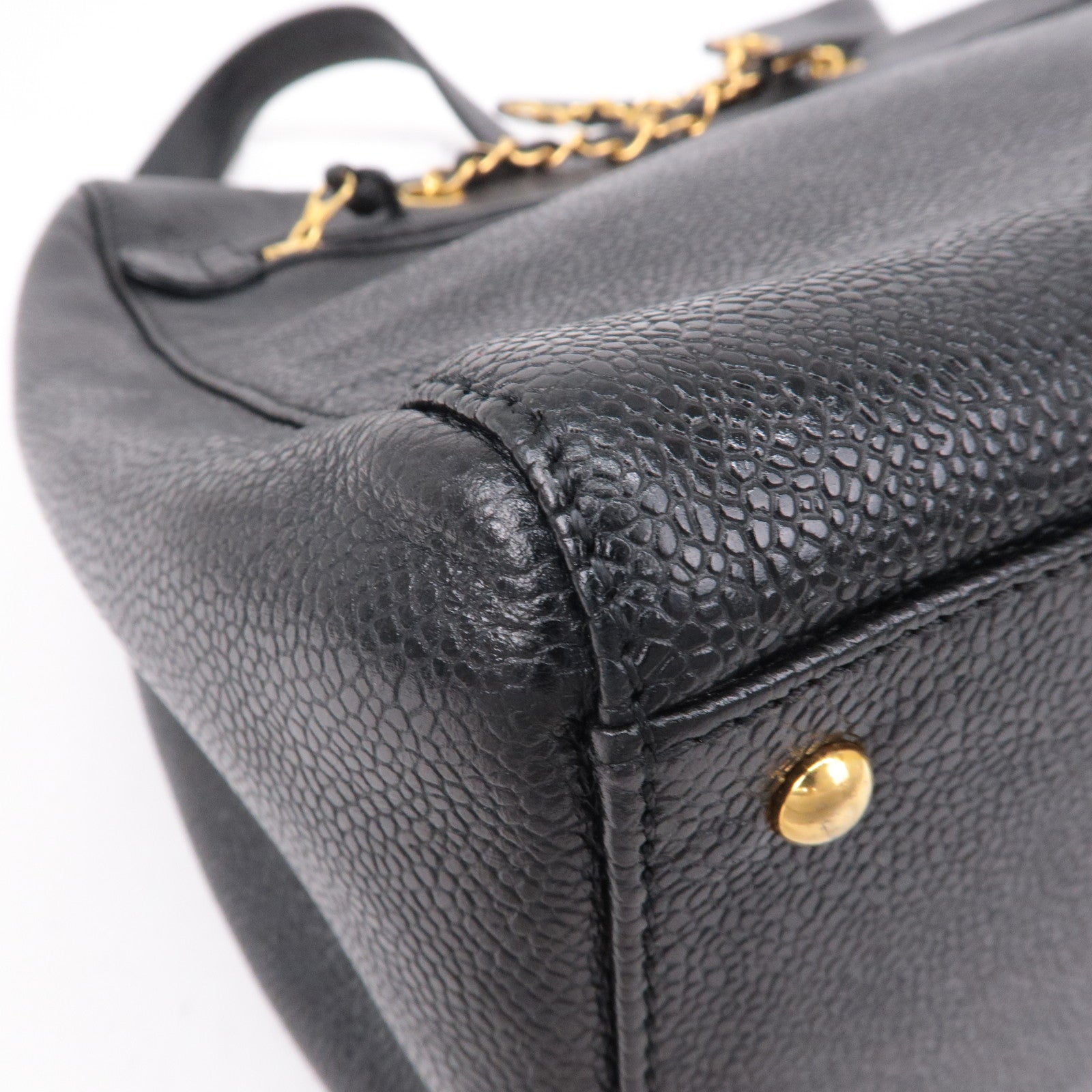 CHANEL Caviar Skin Chain Tote Bag Shoulder Bag Gold Black