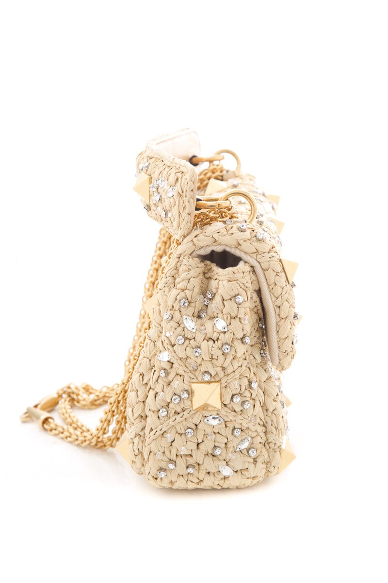 Valentino Medium Roman Stud Raffia Shoulder Bag