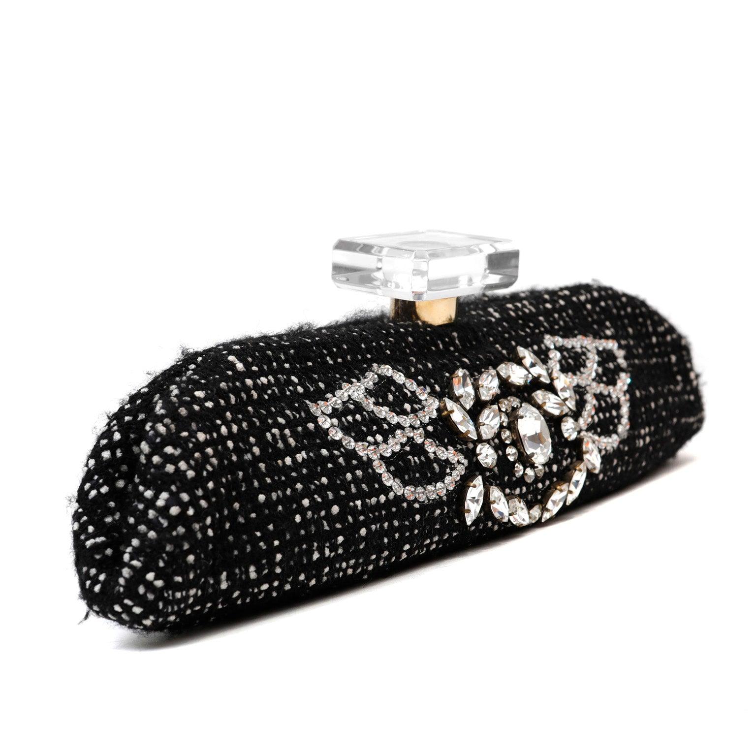 Chanel Runway 1990s Rhinestone Perfume Bottle Black Tweed/Leather Clutch