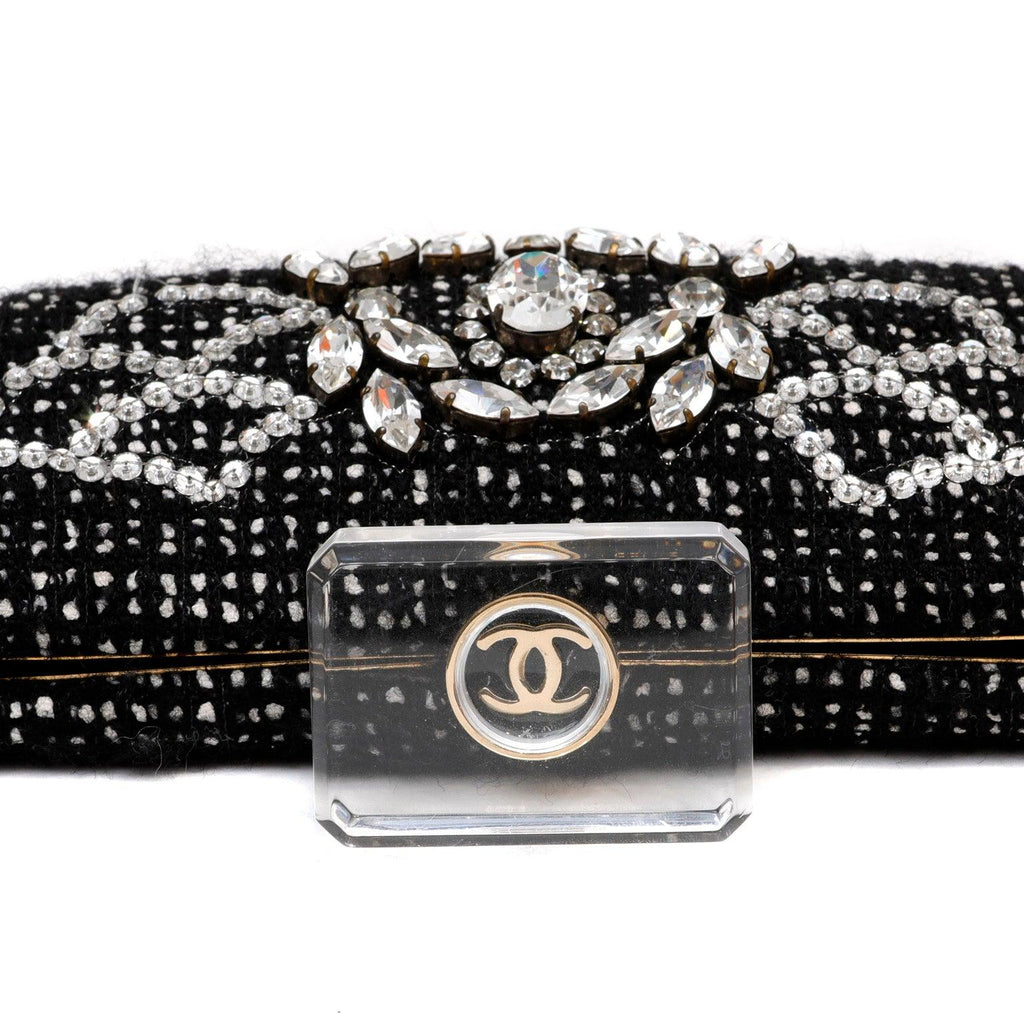 Chanel Runway 1990s Rhinestone Perfume Bottle Black Tweed/Leather Clutch
