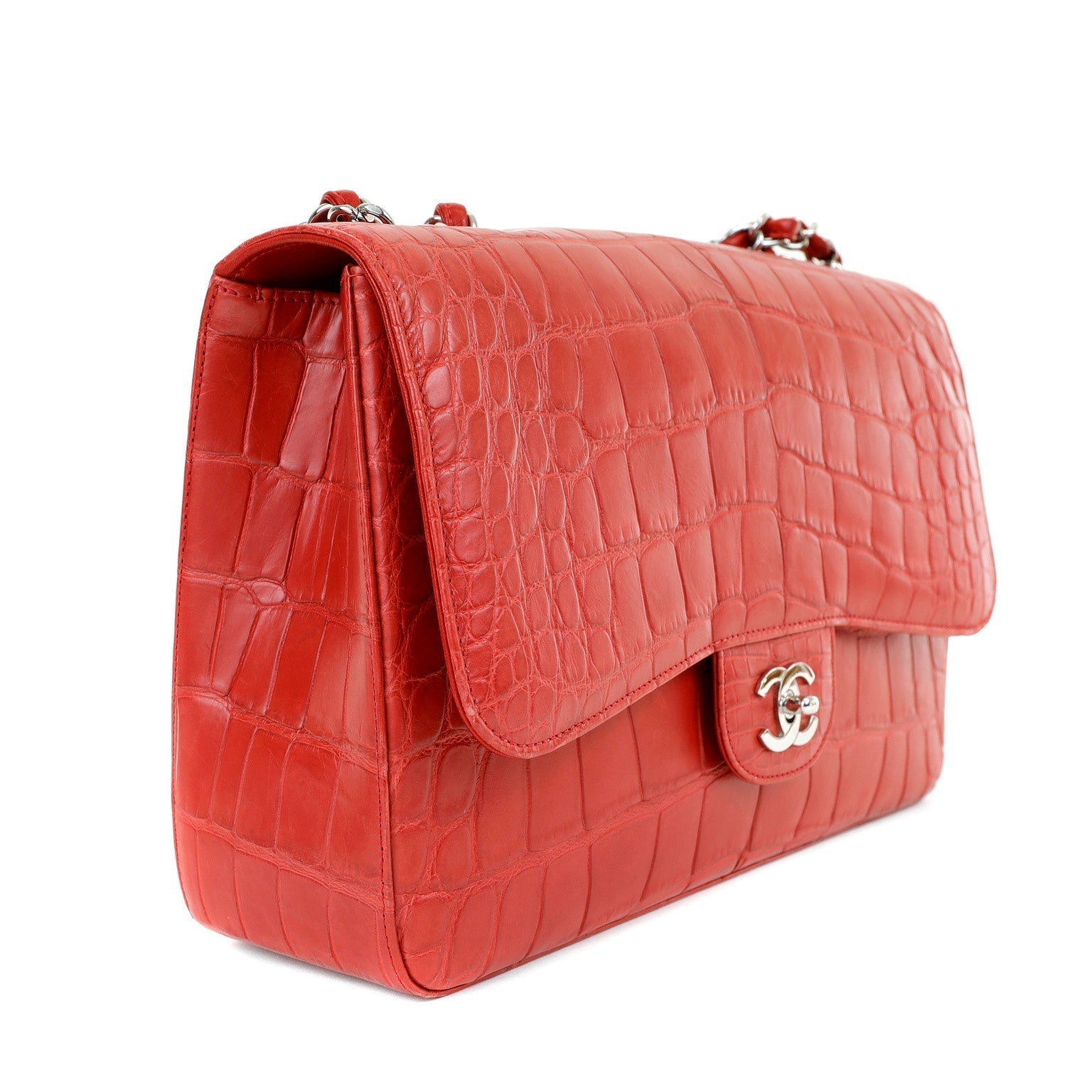 Chanel Red Crocodile Jumbo Classic with SiLouis Vuittoner Hardware
