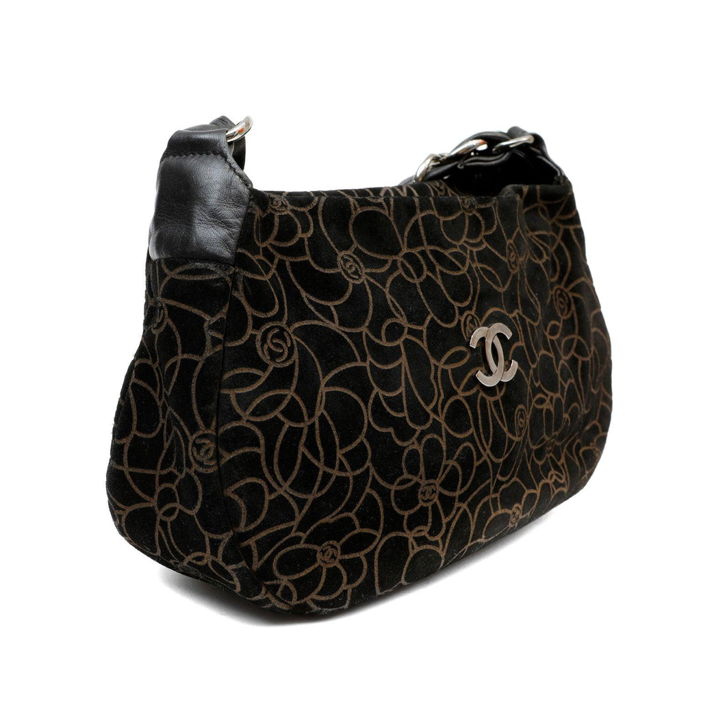 Chanel BlackxBrown Suede Shoulder Bag w/ Gold Camellias & SiLouis Vuittoner Hardware