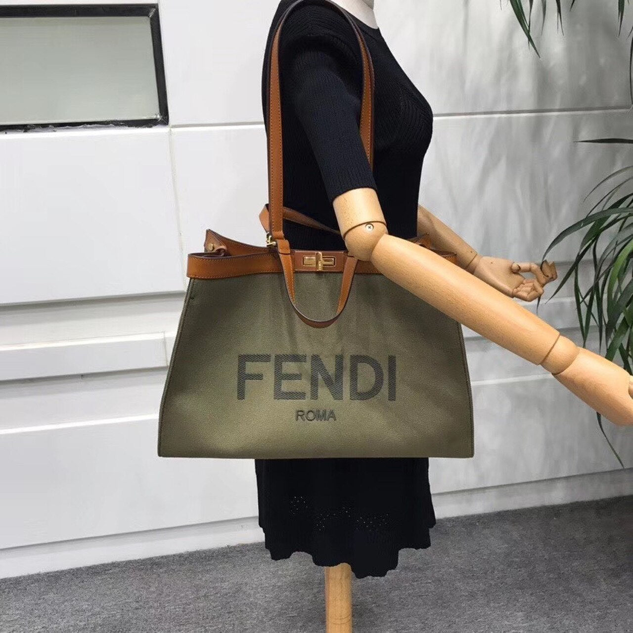 Peekaboo X-Tote Canvas Bag Khaki For Women, Women’s Handbags, Shoulder Bags 16.1in/41cm FF 8BH374