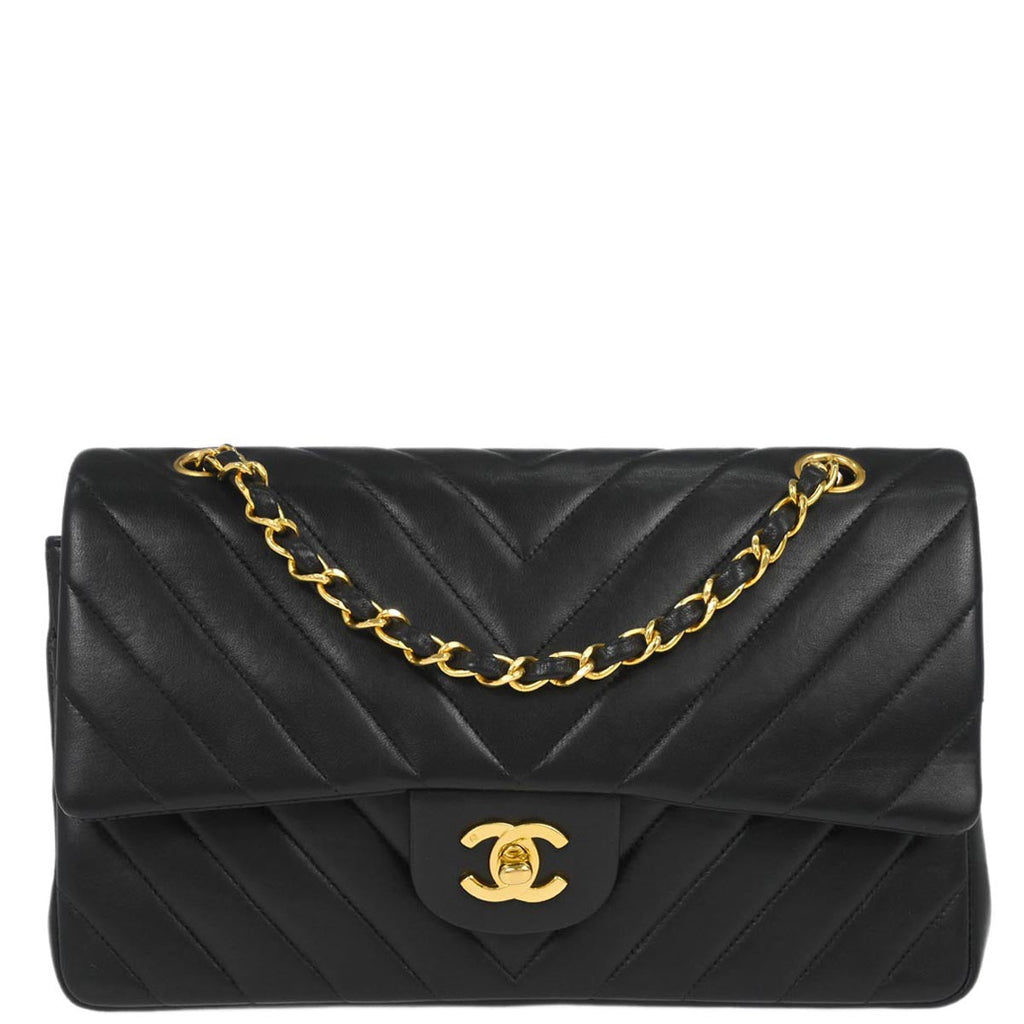 Chanel 1991-1994 Black Lambskin Chevron Medium Classic Double Flap Shoulder Bag