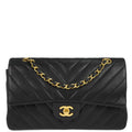 Chanel 1991-1994 Black Lambskin Chevron Medium Classic Double Flap Shoulder Bag