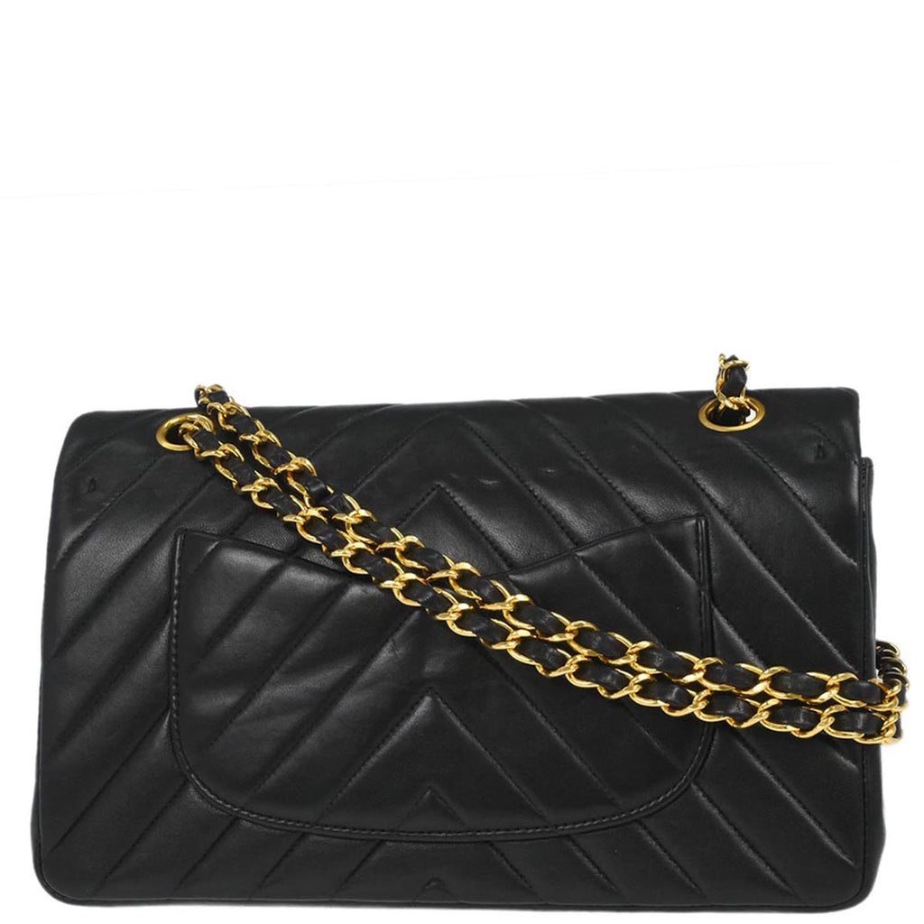 Chanel 1991-1994 Black Lambskin Chevron Medium Classic Double Flap Shoulder Bag