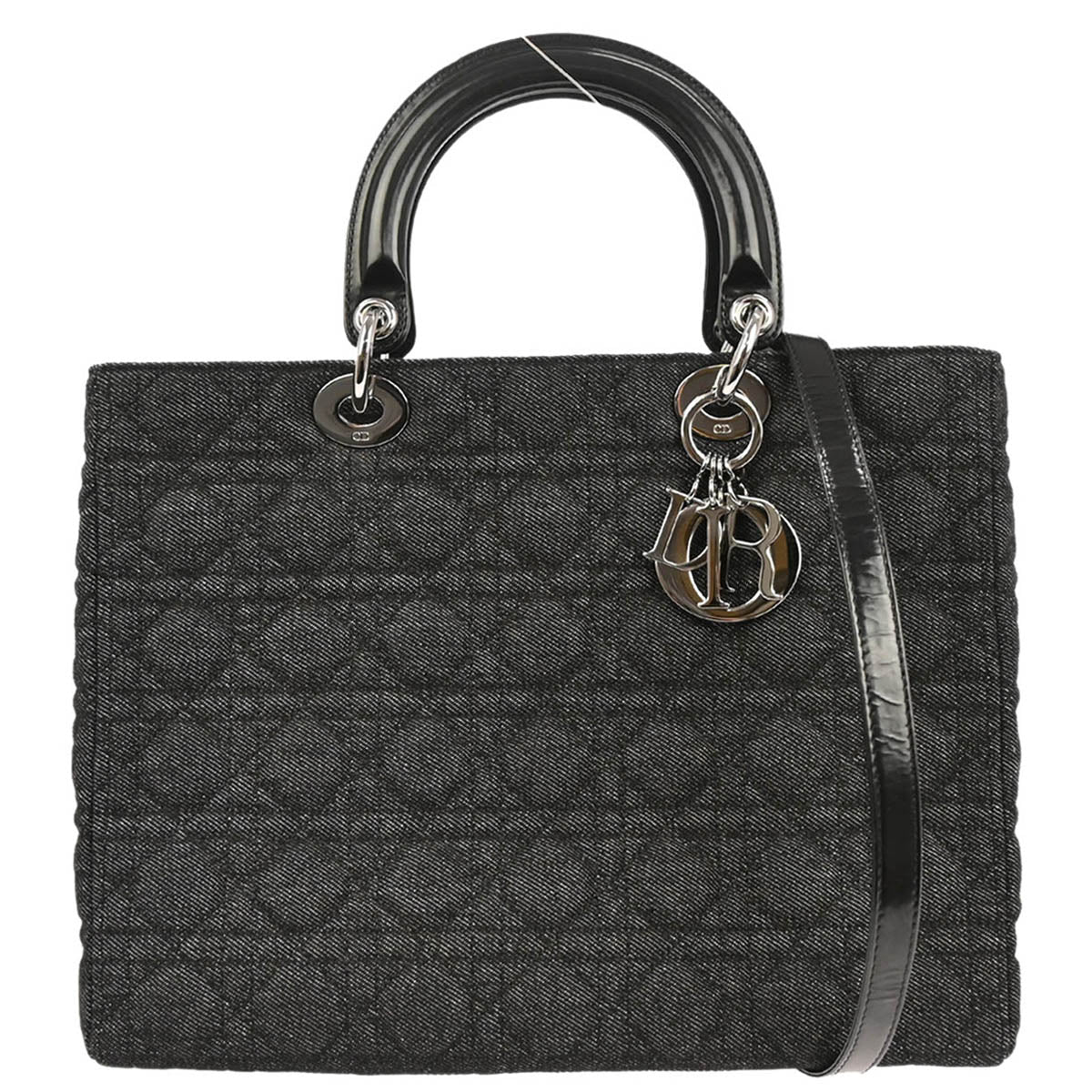 Christian Dior Black Denim Large Lady Dior Cannage 2way Shoulder Handbag