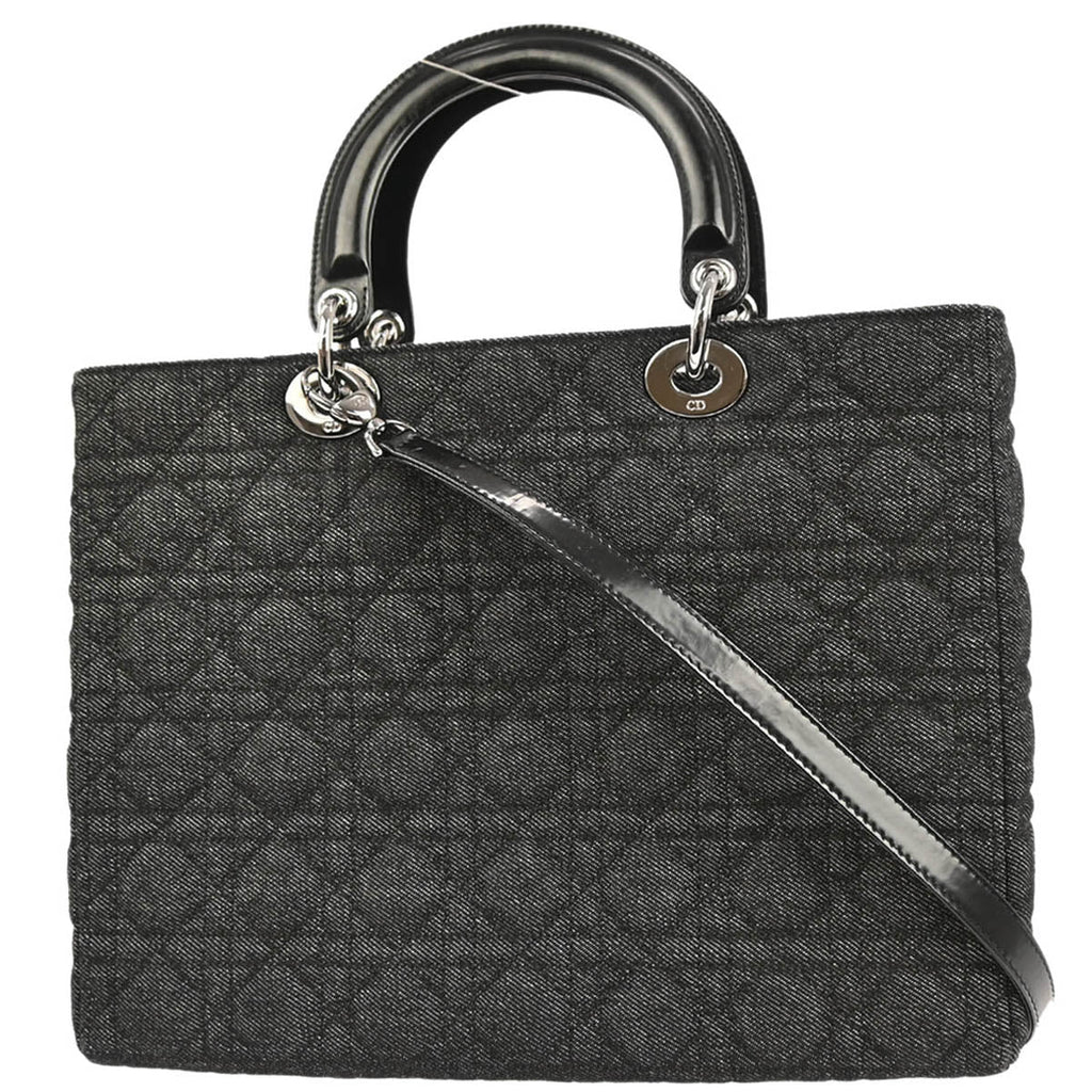 Christian Dior Black Denim Large Lady Dior Cannage 2way Shoulder Handbag