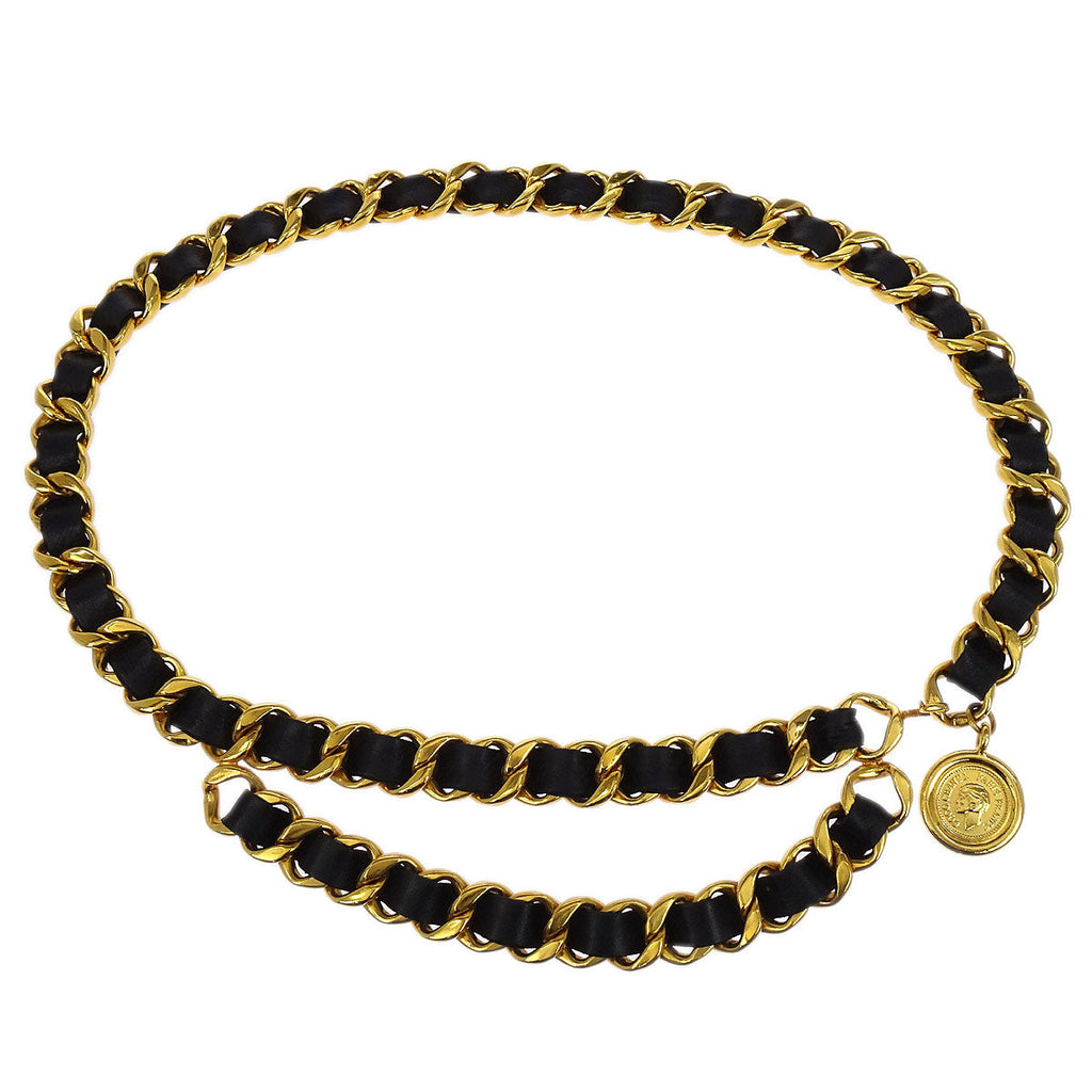 Chanel Chain Belt Medallion Gold Black 29 Small Good