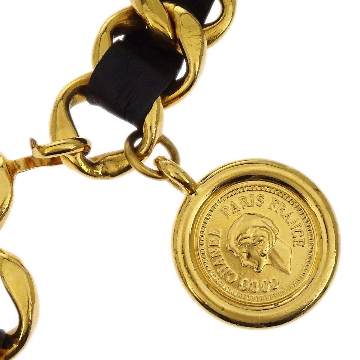 Chanel Chain Belt Medallion Gold Black 29 Small Good