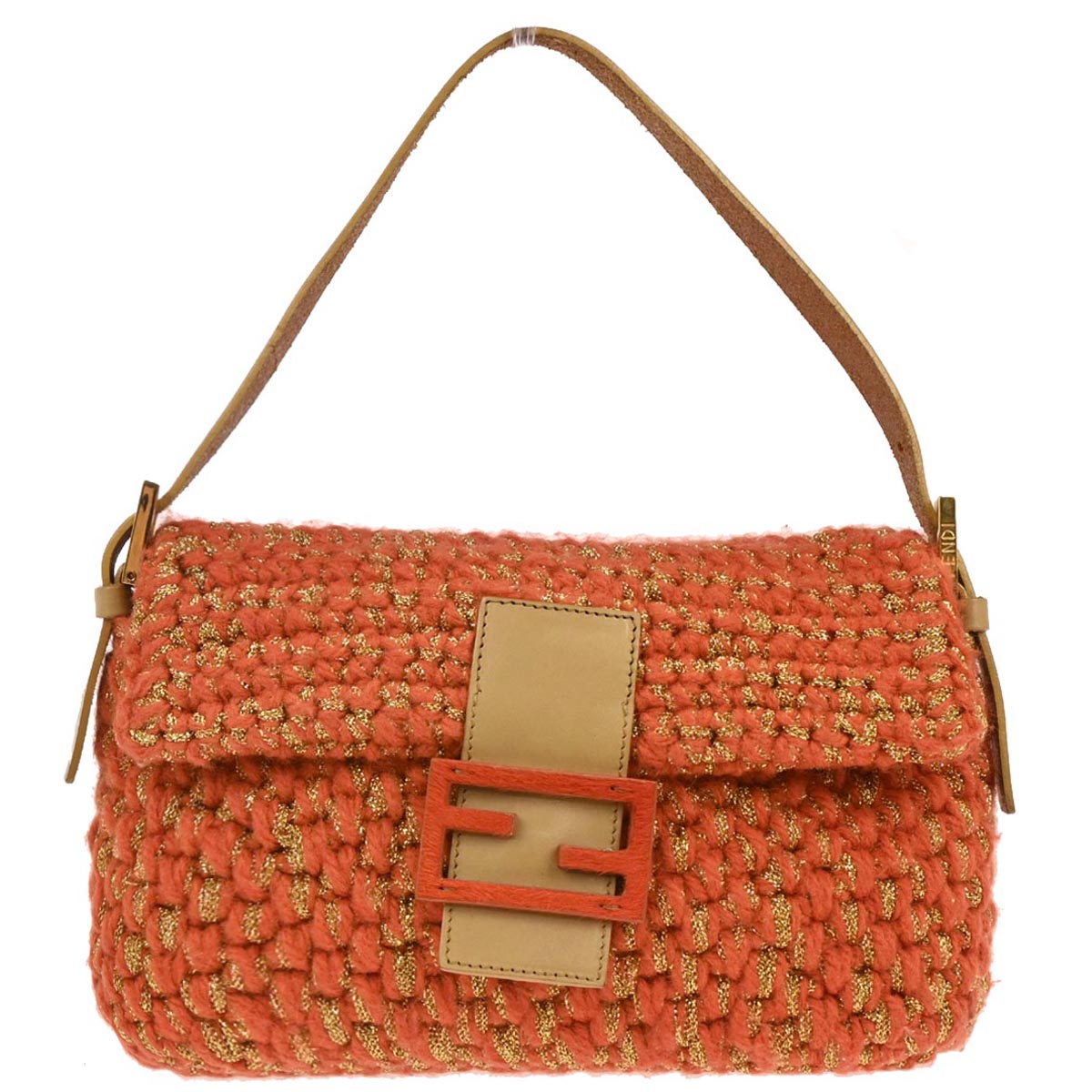 Fendi Orange Gold Wool Baguette Handbag