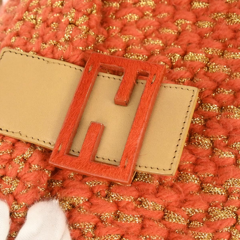 Fendi Orange Gold Wool Baguette Handbag